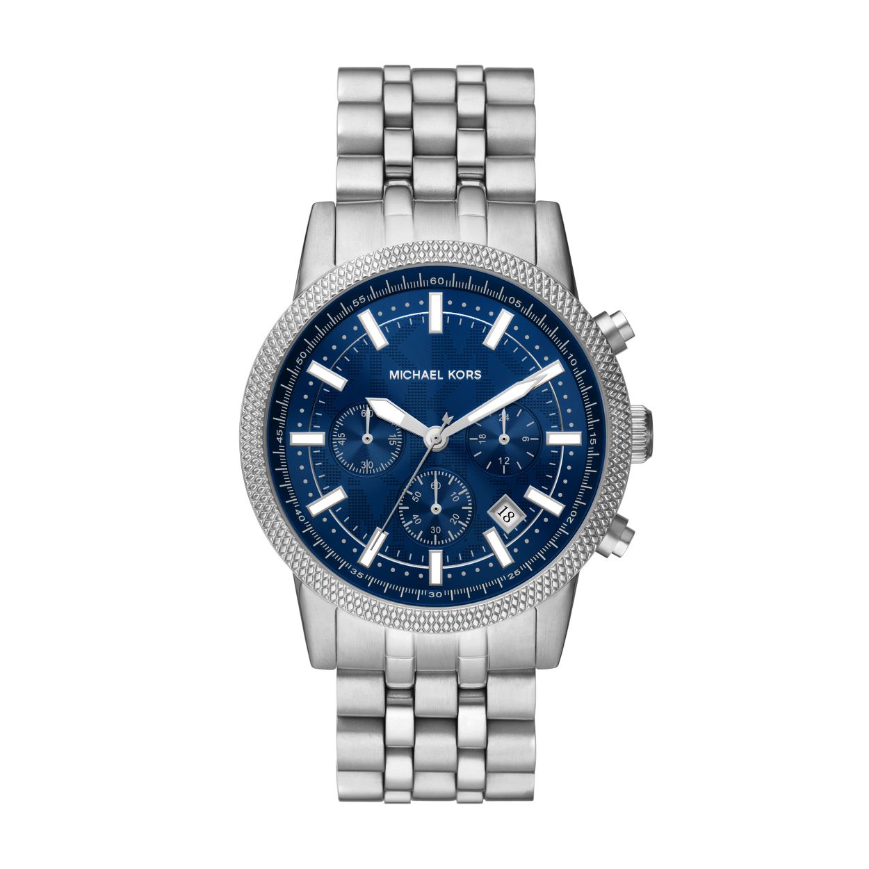 Introductie: ons Hutton horloge van 43�mm voor heren. Met een armband met meerdere schakels en een subtiele marineblauwe wijzerplaat met logo is dit zilverkleurige chronograaf horloge ongetwijfeld een tijdloze klassieker.