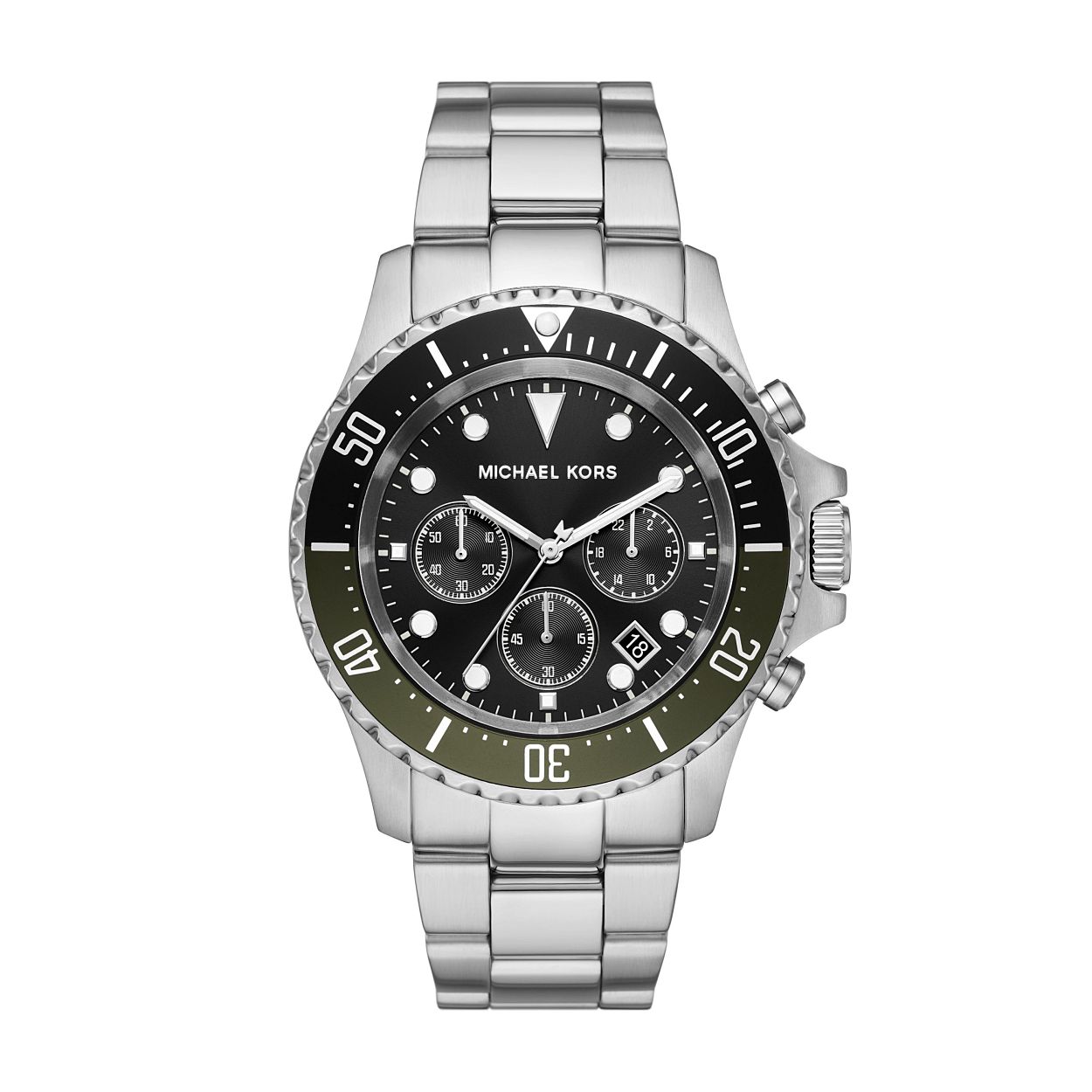 Herintroductie: onze Everest voor heren. Terug en beter dan ooit. Dit chronograaf roestvrijstalen horloge van 45�mm heeft een sportieve, gesplitste, zwart en olijfgroene bovenring.