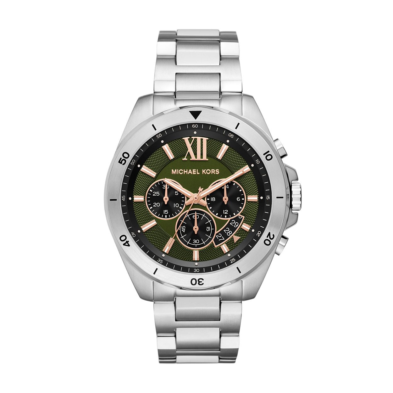 Dit roestvrijstalen Brecken chronograaf horloge van 44�mm is moeiteloos cool. Met een geborstelde, olijfgroene wijzerplaat met ros�goudkleurige accenten en staalgrijze subwijzerplaten, is deze stijl perfect voor dagelijks gebruik.
