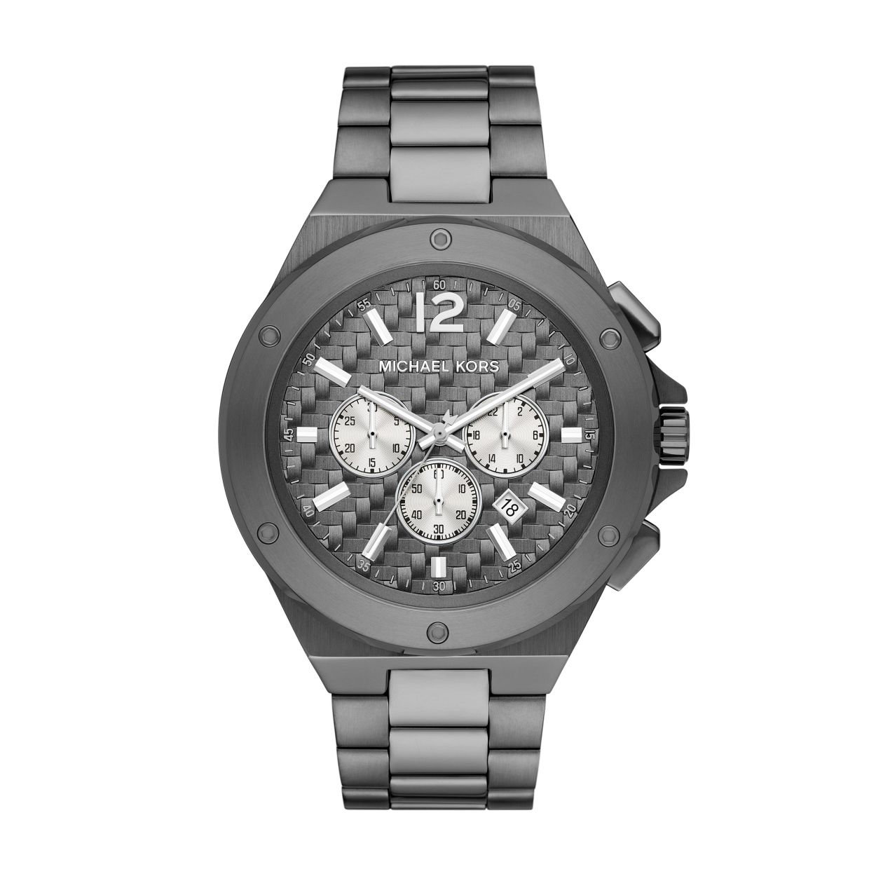 Dit Michael Kors Lennox horloge van 48�mm heeft een staalgrijze getextureerde wijzerplaat, chronograaf uurwerk en een staalgrijze roestvrijstalen armband.