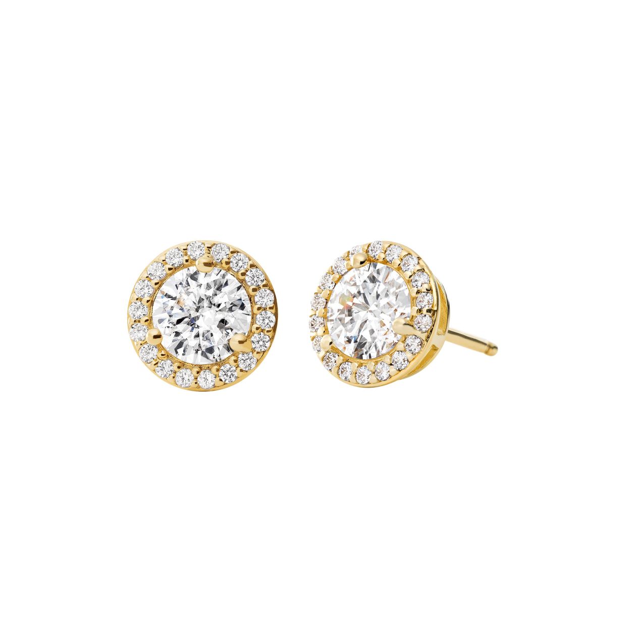 Deze halo-studs bevatten 14K vergulde sterling zilver, CZ's omringd met pave-accenten en post-sluitingen.