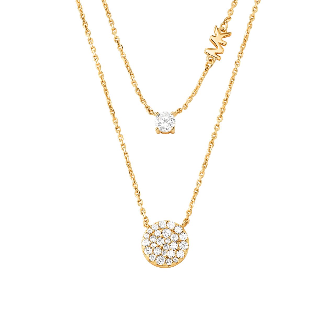 Creeer eenvoudig een luxueuze look voor dagelijks gebruik met Kors Brilliance. De nieuwe dubbellaagse ketting is ontworpen met een stralende centrale steen en een sprankelende, met pave ingelegde schijf. Dit prachtige sterling zilveren sieraad is niet alleen verguld met goud, maar het heeft ook prachtige zirkonia's en subtiele merkaccenten ingelegd in de ketting. Creeer moeiteloos een gelaagde look door deze ketting te combineren met elk ensemble!