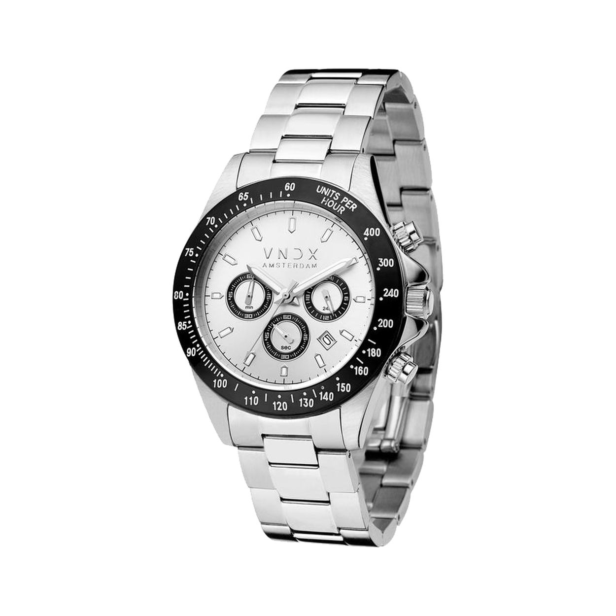 Stoer, mysterieus en sterk. Met deze Dark DJ Silver Edition heb je een stoer en modern massief stalen horloge om je pols. De kast en band zijn van staal, om de witte wijzerplaat met chronometers zit een stoere zwarte ring. Ben de DJ van je eigen leven, leef volgens je eigen regels. Never too late to start!