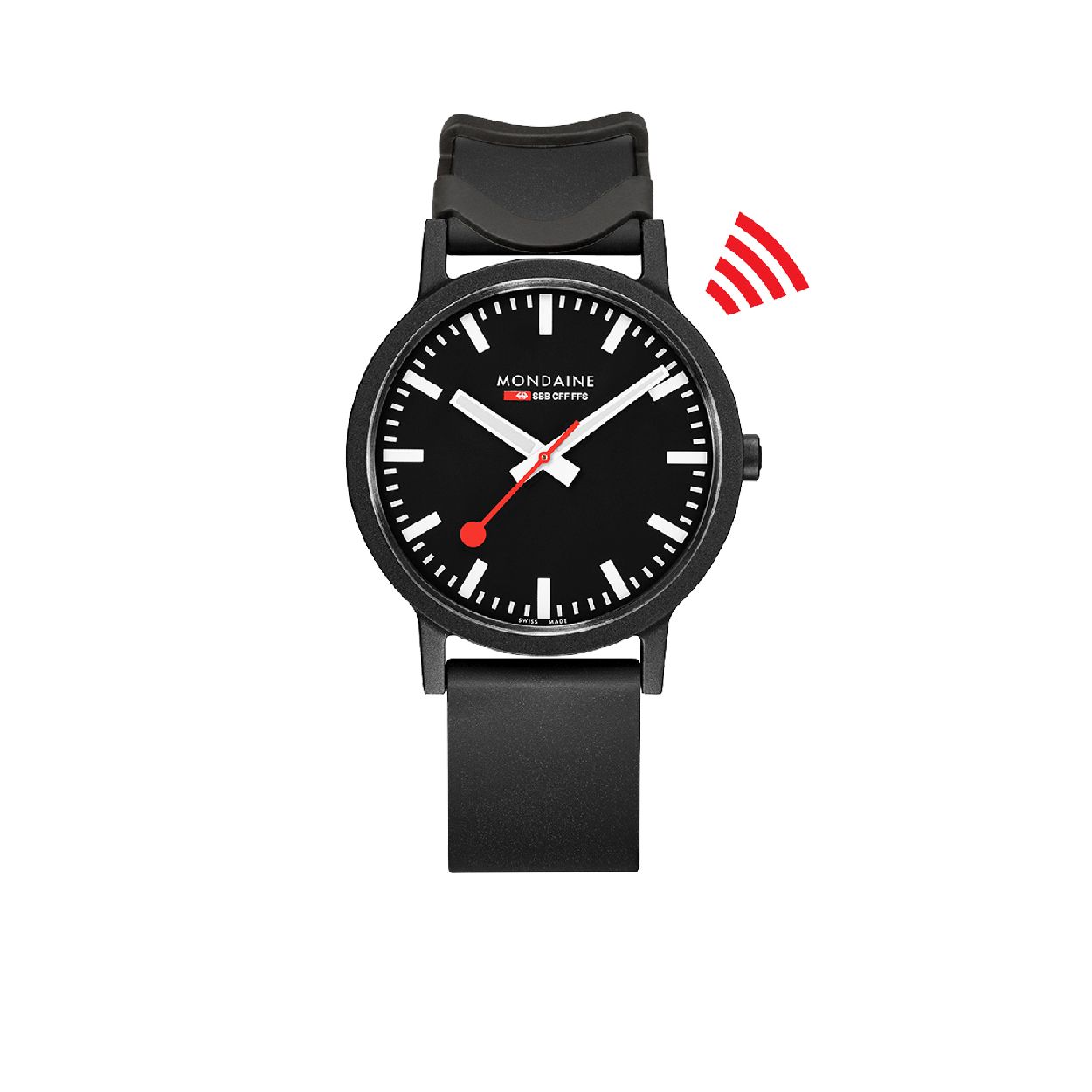 Mondaine - MS1.4112.RB  - Essence PayChip
Dit design horloge uit de Mondaine Essence serie is vervaardigd uit duurzame grondstoffen. Mondaine slaat met deze serie een weg in van een merk dat milieubewust met grondstoffen omgaat en een belangrijk deel van haar product biologisch afbreekbaar maakt.  
Het horloge heeft vlak gehard mineraalglas en een strakke  zwart matte horlogekast met een kastdiameter van 41 mm. Bij de Essence serie wordt de horlogekast niet meer gemaakt van RVS, maar uit olie/hars gewonnen uit zaden van de Ricinus communis L (wonderboom). De band van het horloge is van rubber. Het horloge is voor 71% geproduceerd is met gebruikte materialen.

Dit horloge is uitgebreid met een PayChip die subtiel is bevestigd aan de horlogeband. Hierdoor kan er betaald worden met het horloge en is er geen pinpas meer nodig!

HET MERK 
The Official Swiss Railway Watch. Gebaseerd op de officiele stationsklok van de Zwitserse spoorwegen, is 30 jaar geleden de horlogelijn onder het merk Mondaine opgezet. Zwitserse kwaliteitsuurwerken, net zo punctueel als de Zwitserse treinen. 
Een echte design klassieker met een unieke wijzerplaat en de wereldberoemde rode secondewijzer met bolletje. Herkenbaar uit duizenden.

SPECIFICATIES
- Gehard mineraalglas
- Strakke ronde kastvorm, 41 mm
- Zwart uit olie/hars gewonnen uit zaden van de Ricinus communis L (wonderboom) matte horlogekast
- Zwarte wijzerplaat van de originele stationsklok
- Zwarte rubber horlogeband met gesp
- Swiss Made
- Mogelijkheid om te betalen met het horloge

VERPAKKING
Deze horloges worden geleverd in een hoes van vilt, gemaakt van gerecyclede PET flessen. Deze hoes doet dubbel dienst, als houder van je mobiele telefoon.
