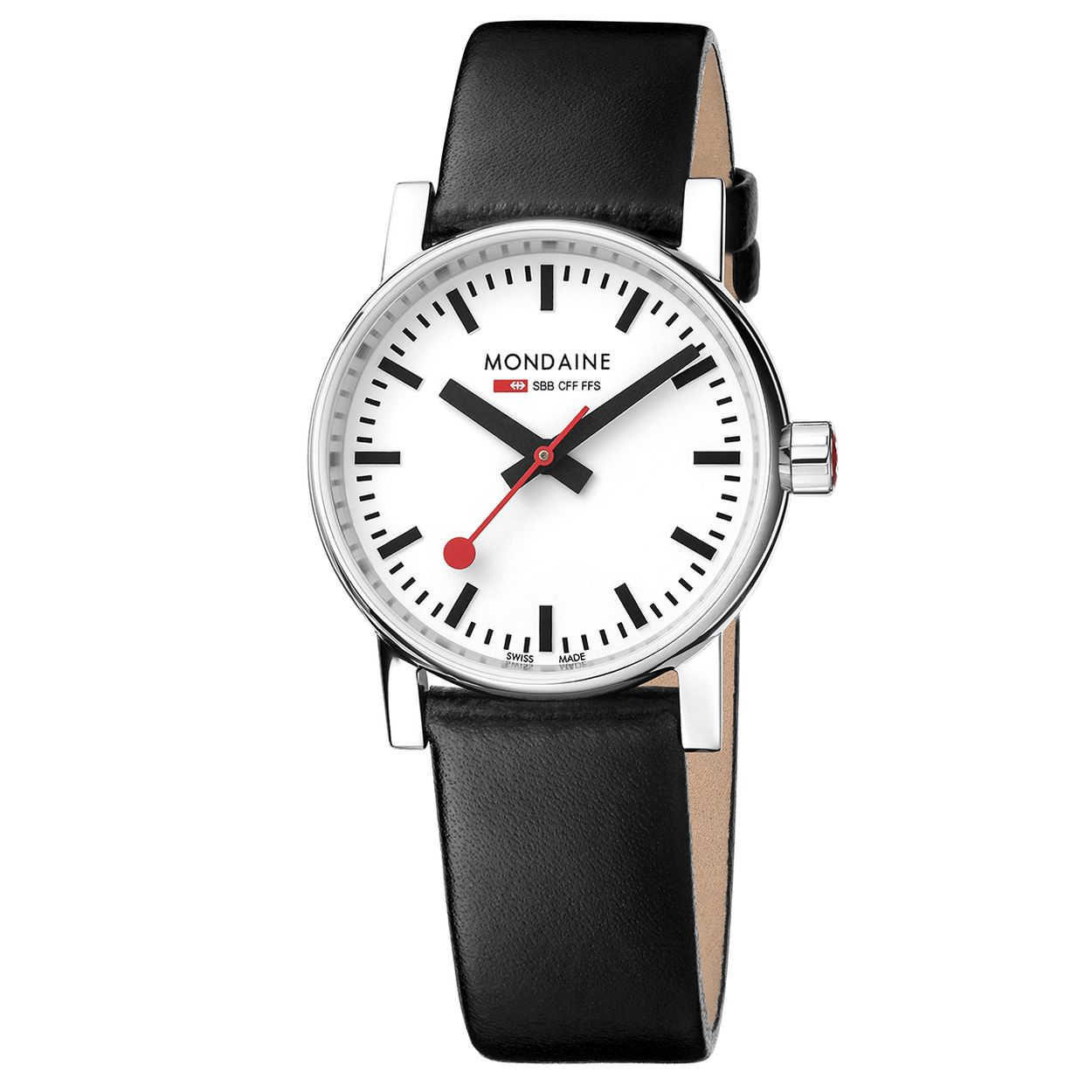Mondaine - MSE.30110.LB - Evo2
Dit design dameshorloge uit de Mondaine Evo2 serie is een stijlvol horloge uit de eerste ‘Official Swiss Railway Watch’ serie. Het horloge heeft krasvast saffierglas en een glanzende licht gebolde horlogekast met een kastdiameter van 30 mm. De band van het horloge is van leer. 

HET MERK 
The Official Swiss Railway Watch. Gebaseerd op de officiële stationsklok van de Zwitserse spoorwegen, is 30 jaar geleden de horlogelijn onder het merk Mondaine opgezet. Zwitserse kwaliteitsuurwerken, net zo punctueel als de Zwitserse treinen. 
Een echte design klassieker met een unieke wijzerplaat en de wereldberoemde rode secondewijzer met bolletje. Herkenbaar uit duizenden.

SPECIFICATIES
- Krasvast saffierglas
- Licht gebolde kastvorm, Ø 30 mm
- Glanzende stalen horlogekast
- Witte wijzerplaat van de originele stationsklok
- Zwart lederen horlogeband met glanzende stalen gesp
- Swiss Made