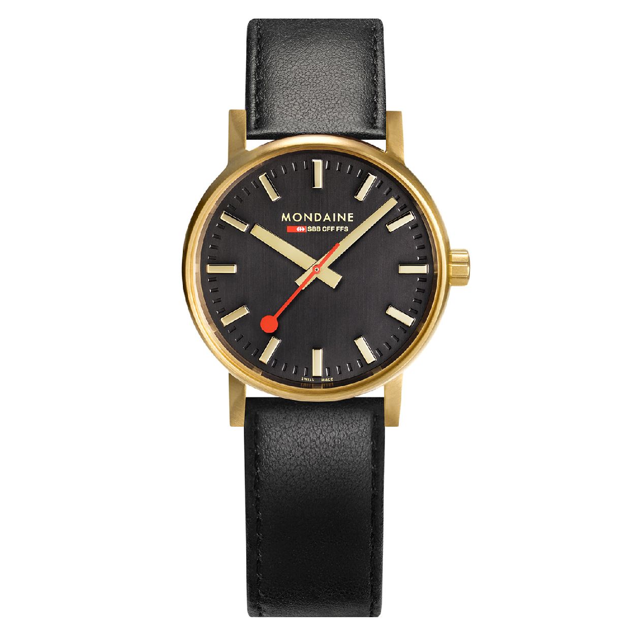 Mondaine MSE.30120.LB Evo2 Horloge - Leer - Zwart - 30mm

Op zoek naar een minimalistisch en stijlvol horloge? Met de MSE.30120.LB uit de evo2 collectie van Mondaine zit je goed! De elegante horlogekast is gemaakt van goudkleurig geborsteld roestvrijstaal en heeft een kastdiameter van 30mm. De iconische SBB-wijzerplaat heeft een zwart geborstelde update gekregen met een glans die de goudkleurige index en wijzers extra accentueert. Dit luxe accessoire heeft een zwarte leren horlogeband en beschikt over saffierglas. 

Evo2 collectie
De evo2 collectie is de evolutie van de klassieke Bauhaus-stijl van de officiele Zwitserse stationsklok. Door de vloeiende organische vormen gaat de afgeronde kast nagenoeg naadloos over in het achterdeksel. Hierdoor ontstaat een hoog draagcomfort. Het saffierglas beschermt de iconische en goed afleesbare wijzerplaat.

