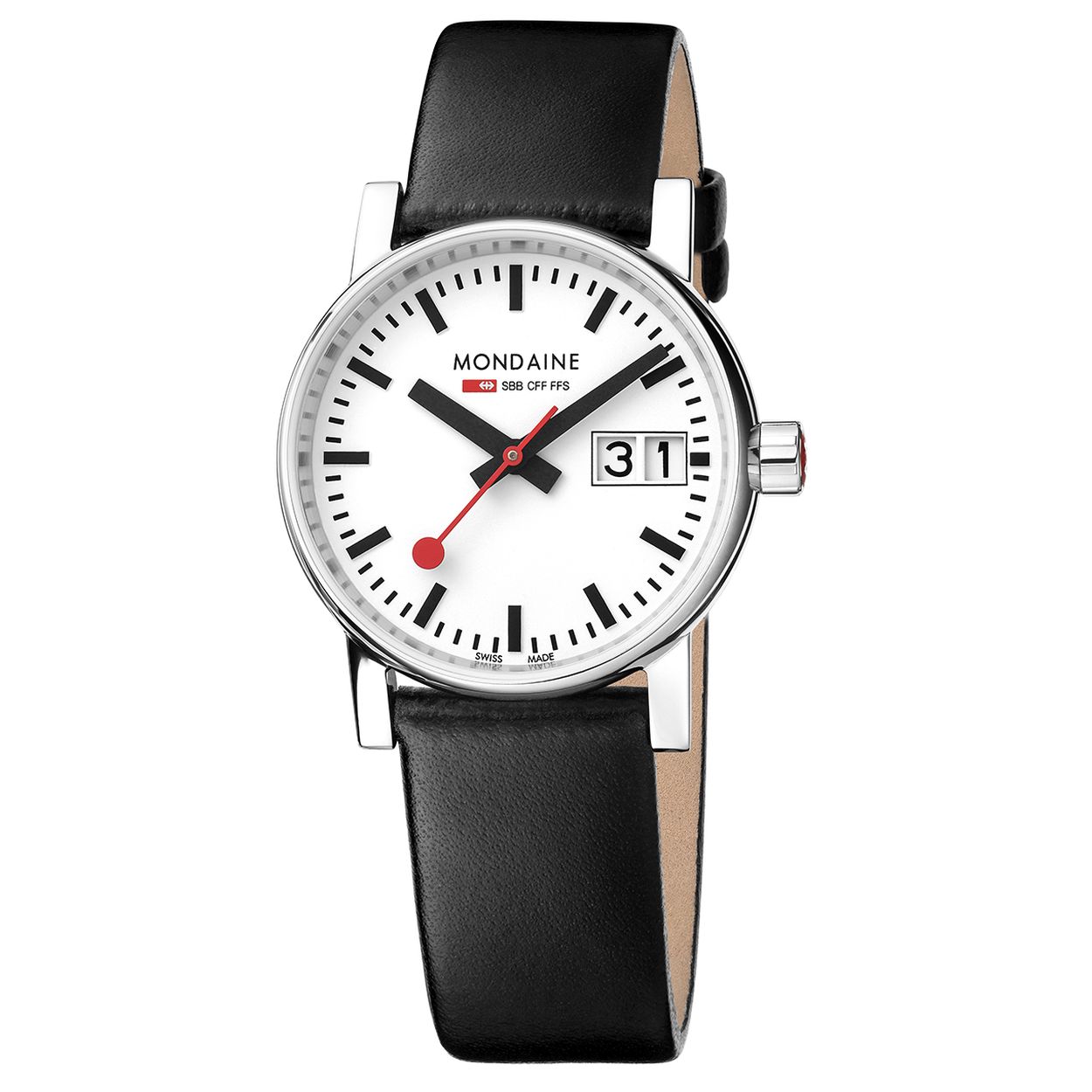 Mondaine - MSE.30210.LB - Evo2 - 30 mm
Dit designhorloge uit de Mondaine Evo2 serie is een stijlvol horloge uit de &lsquo;Official Swiss Railway Watch&rsquo; serie. 
Het horloge heeft saffierglas, een witte wijzerplaat en een stalen horlogekast met een diameter van 30 mm. De band van het horloge is van leer.

HET MERK 
The Official Swiss Railway Watch. Gebaseerd op de offici&euml;le stationsklok van de Zwitserse spoorwegen, is 30 jaar geleden de horlogelijn onder het merk Mondaine opgezet. Zwitserse kwaliteitsuurwerken, net zo punctueel als de Zwitserse treinen. 
Een echte design klassieker met een unieke wijzerplaat en de wereldberoemde rode secondewijzer met bolletje. Herkenbaar uit duizenden.

SPECIFICATIES
- Saffierglas
- &Oslash; 30 mm
- Datumaanduiding
- Zilverkleurige stalen horlogekast
- Witte wijzerplaat van de originele stationsklok
- Zwart lederen horlogeband 
- Swiss Made
- 3 ATM