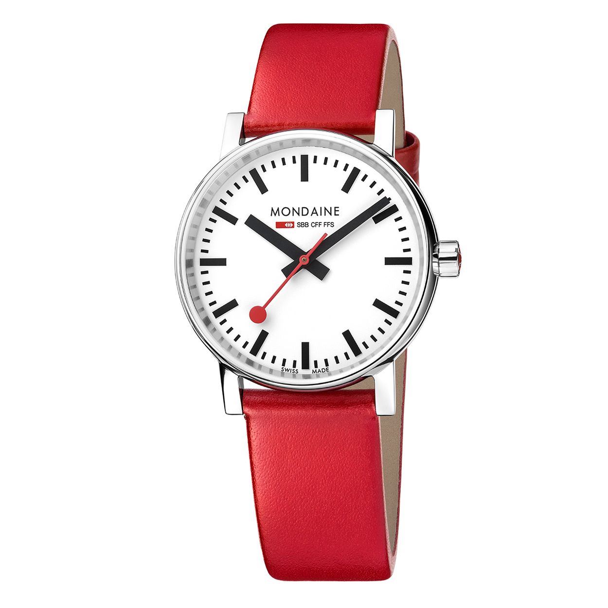 Mondaine - MSE.35110.LC - Evo2
Dit design dameshorloge uit de Mondaine Evo2 serie is een stijlvol horloge uit de eerste ‘Official Swiss Railway Watch’ serie. Het horloge heeft krasvast saffierglas en een glanzende licht gebolde horlogekast met een kastdiameter van 35 mm. De band van het horloge is van leer. 

HET MERK 
The Official Swiss Railway Watch. Gebaseerd op de officiële stationsklok van de Zwitserse spoorwegen, is 30 jaar geleden de horlogelijn onder het merk Mondaine opgezet. Zwitserse kwaliteitsuurwerken, net zo punctueel als de Zwitserse treinen. 
Een echte design klassieker met een unieke wijzerplaat en de wereldberoemde rode secondewijzer met bolletje. Herkenbaar uit duizenden.

SPECIFICATIES
- Krasvast saffierglas
- Licht gebolde kastvorm, Ø 35 mm
- Glanzende stalen horlogekast
- Witte wijzerplaat van de originele stationsklok
- Rood lederen horlogeband met glanzende stalen gesp
- Swiss Made