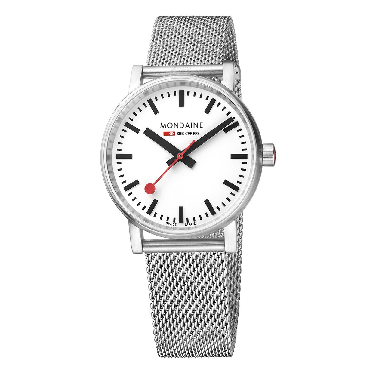 Mondaine - MSE.35110.SM - Evo2
Dit design dameshorloge uit de Mondaine Evo2 serie is een stijlvol horloge uit de eerste ‘Official Swiss Railway Watch’ serie. Het horloge heeft krasvast saffierglas en een matte licht gebolde horlogekast met een kastdiameter van 35 mm. De band van het horloge is van Milanees gevlochten staal. De stalen band is gemakkelijk op maat te maken d.m.v. een schroevendraaier. Duw het klepje omhoog en plaats de sluiting op de juiste positie. Na het dichtduwen van het klepje is het horloge opnieuw klaar voor gebruik!

HET MERK 
The Official Swiss Railway Watch. Gebaseerd op de officiële stationsklok van de Zwitserse spoorwegen, is 30 jaar geleden de horlogelijn onder het merk Mondaine opgezet. Zwitserse kwaliteitsuurwerken, net zo punctueel als de Zwitserse treinen. 
Een echte design klassieker met een unieke wijzerplaat en de wereldberoemde rode secondewijzer met bolletje. Herkenbaar uit duizenden.

SPECIFICATIES
- Krasvast saffierglas
- Licht gebolde kastvorm, Ø 35 mm
- Matte stalen horlogekast
- Witte wijzerplaat van de originele stationsklok
- Milanees gevlochten stalen horlogeband
- Horlogeband gemakkelijk op maat te maken
- Swiss Made

INKORTEN BAND
De band van het horloge is gemakkelijk op maat te maken d.m.v. een schroevendraaier. Duw het klepje omhoog en plaats de sluiting op de juiste positie. Na het dichtduwen van het klepje is het horloge opnieuw klaar voor gebruik! U kunt dit zo vaak doen als nodig.