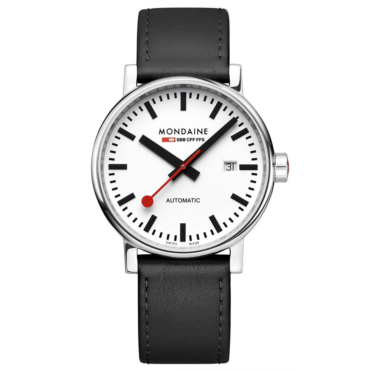 Mondaine MSE.40610.LB Evo2 Automatic Horloge 40mm
Dit unieke Mondaine heren horloge met nummer: MSE.40610.LB heeft een automatisch uurwerk. Op de witte wijzerplaat zijn de uren en minuten strepen duidelijk zichtbaar met als blikvanger de rode secondewijzer, net als een stationsklok. De zwarte lerenband sluit mooi aan aan de strakke zilverkleurige stalen ronde kast. Het horloge heeft een datumaanduiding, een saffierglas, is 40mm en 3 ATM. 

Het Merk:
The Official Swiss Railway Watch. Gebaseerd op de officiële stationsklok van de Zwitserse spoorwegen, is 30 jaar geleden de horlogelijn onder het merk Mondaine opgezet. Zwitserse kwaliteitsuurwerken, net zo punctueel als de Zwitserse treinen. Een echte design klassieker met een unieke wijzerplaat en de wereldberoemde rode secondewijzer met bolletje. Herkenbaar uit duizenden.

Specificaties:
- Saffierglas
- Witte wijzerplaat
- Swiss Made automatic
- 3 ATM (Regen- & spatwaterdicht)
- Ø 40mm
- EAN: 7611382598677