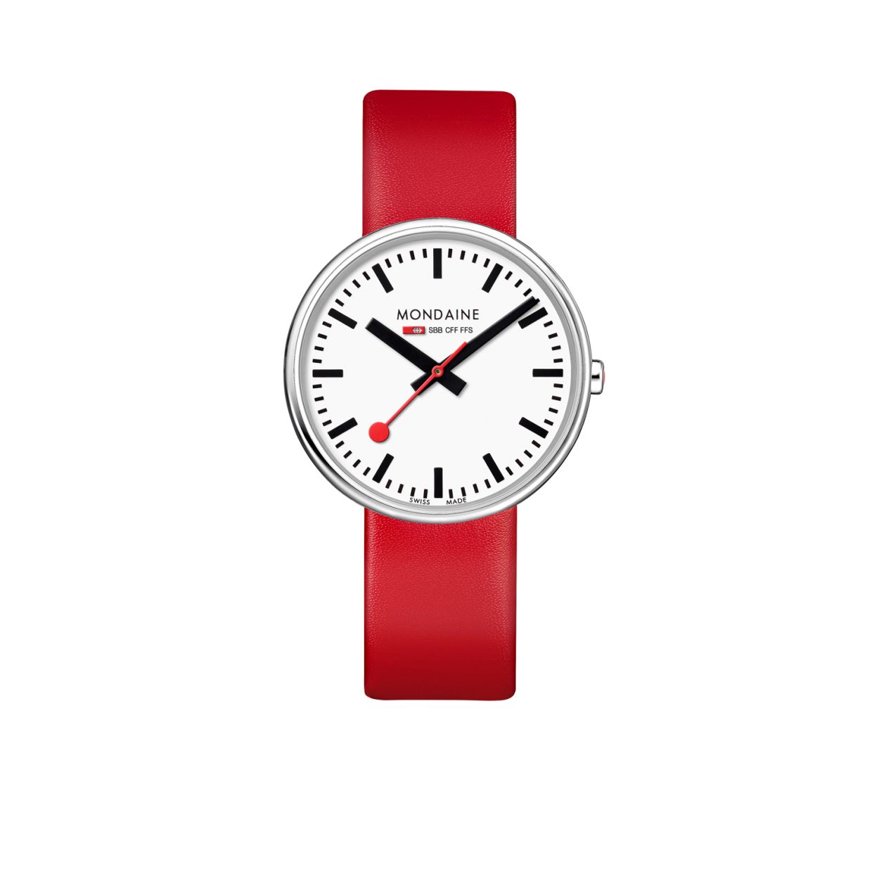 Mondaine - MSX.3511B.LC - Mini Giant 
Dit designhorloge uit de Mondaine Mini Giant serie is een stijlvol horloge uit de �Official Swiss Railways Watch� serie. Het horloge heeft licht gebold gehard mineraalglas en een licht gebolde glanzende horlogekast met een kastdiameter van 35 mm. De band van het horloge is van leer.

HET MERK 
Mondaine is het enige merk dat de pay-off �Official Swiss Railways Watch� mag gebruiken. De beroemde Zwitserse stationsklok met de rode secondewijzer met het bolletje is een designklassieker die al in 1944 is ontworpen door Hans Hilfiker. De klok heeft inmiddels talloze onderscheidingen gekregen voor zijn herkenbare, duidelijk afleesbare wijzerplaat en volkomen tijdloze design.

SPECIFICATIES
- Licht gebold gehard mineraalglas
- Licht gebolde ronde kastvorm, � 35 mm
- Glanzende RVS horlogekast
- Witte wijzerplaat van de originele stationsklok
- Rode lederen horlogeband met glanzende RVS gesp
- Zwitsers uurwerk

... is officieel dealer van Mondaine Swiss Watch.