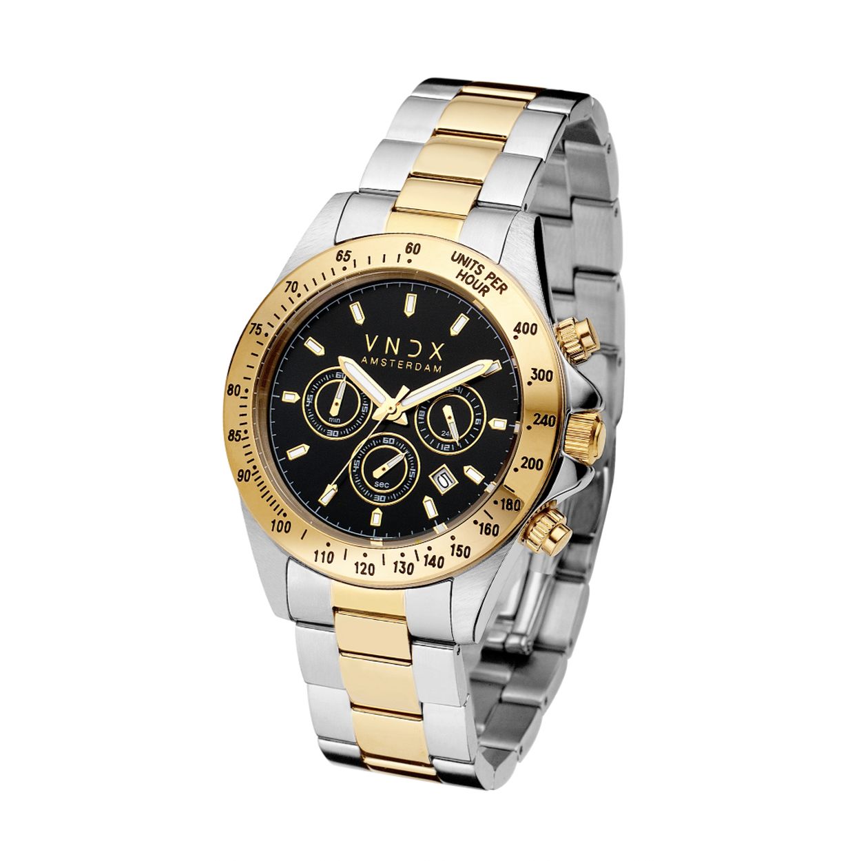 Stoer, mysterieus en sterk. Met deze Dark DJ Black & Gold Edition heb je een stoer en modern massief stalen horloge om je pols. De kast is van staal, en de band is gemaakt in een mooie combinatie van staal en goud. Om de zwarte wijzerplaat met chronometers zit een stoere gouden ring. Ben de DJ van je eigen leven, leef volgens je eigen regels. Never too late to start!