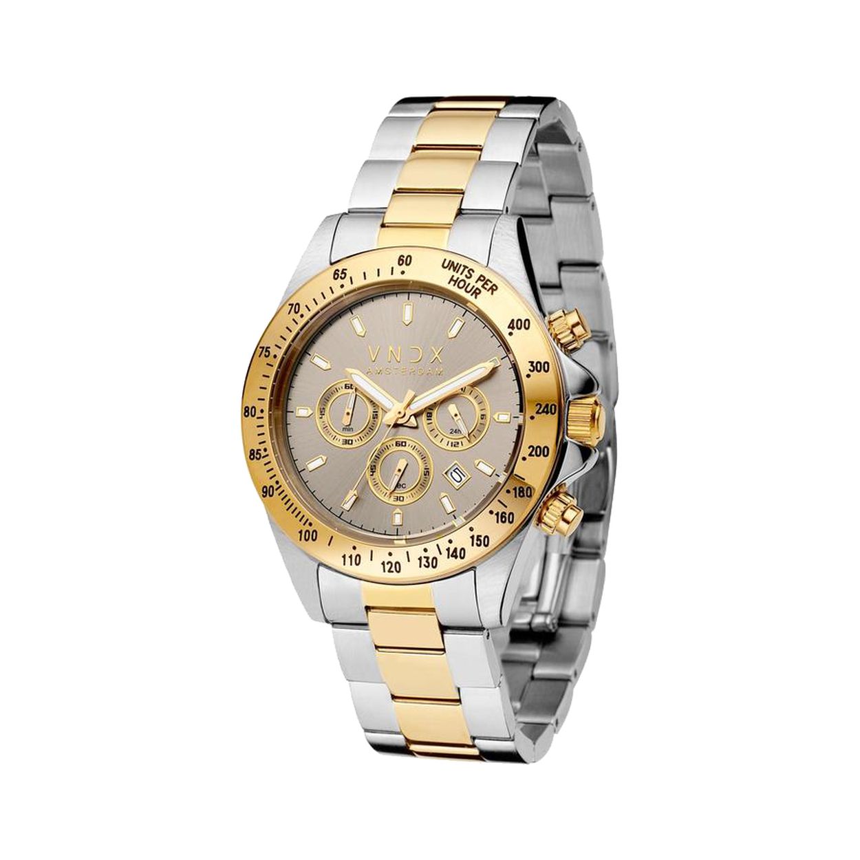 Stoer, mysterieus en sterk net als jij. Het staal en goud gecombineerd in dit prachtige horloge met stijlvolle grijze wijzerplaat laten je zijn wie je bent. Wees je eigen DJ en zet de muziek luid. Nooit te laat.