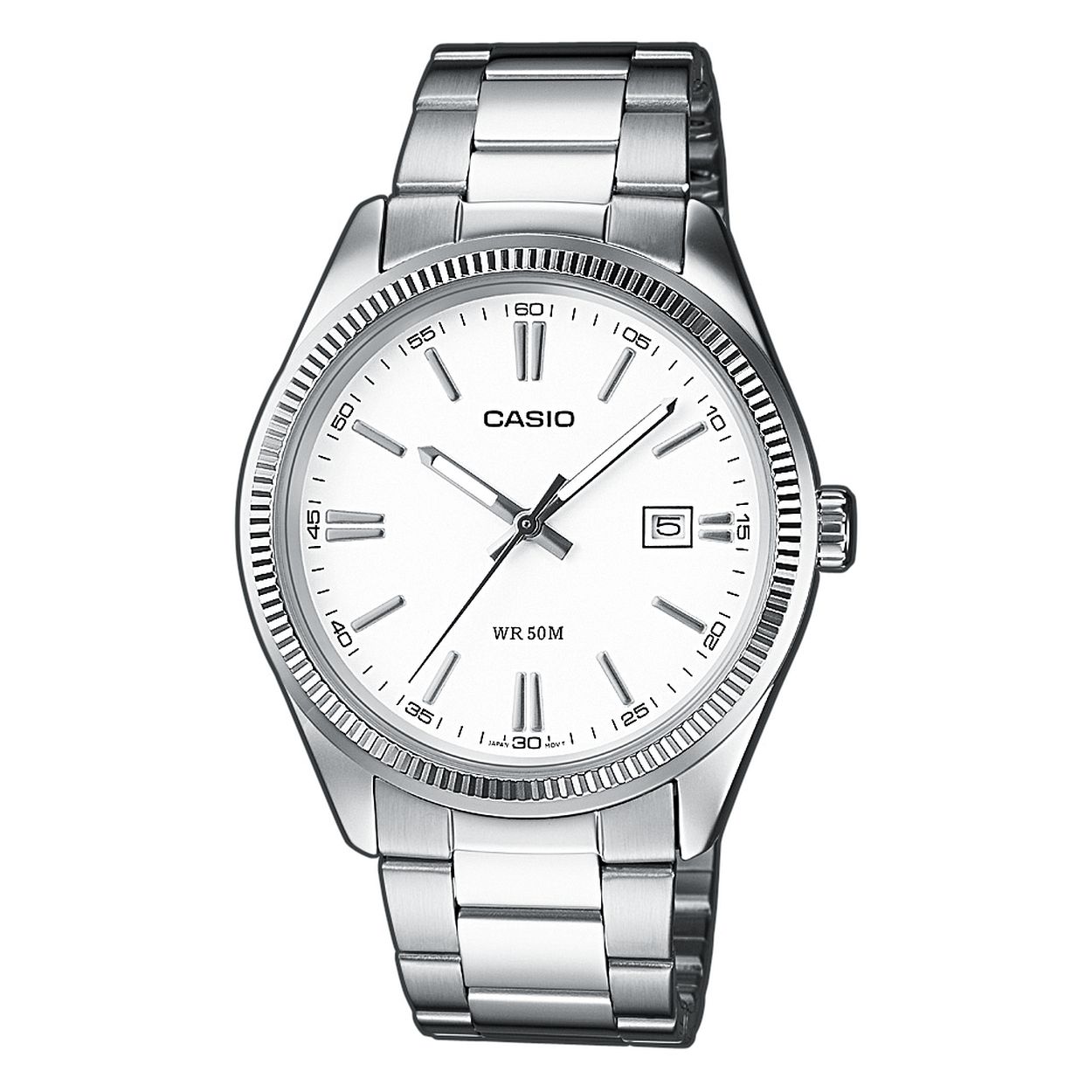 Klassiek Casio horloge met een stalen band en kast. 
De wijzerplaat is wit met zilverkleurige indexen en wijzers.

• Datumweergave
• Waterbestendig tot 5 bar
• Roestvrijstalen armband
• Eenvoudig, gebruiksvriendelijk ontwerp