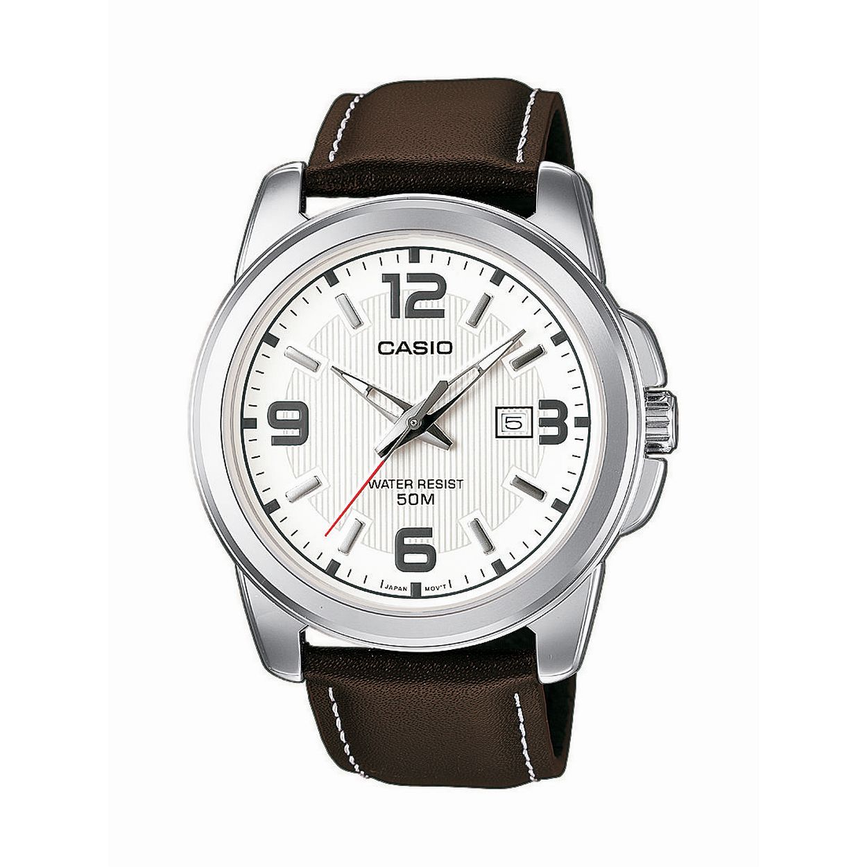 Dit herenhorloge is van het merk Casio. Het is een analoog horloge gemaakt van edelstaal
De verdere specificaties van het horloge zijn als volgt:
Glassoort: mineraal
Kastmateriaal: edelstaal
Waterdichtheid: 5 ATM
Kastkleur: Zilver
Bandmateriaal: Leer
Bandkleur: Bruin
Kastmaat: 45
Wijzerplaatkleur: Wit
Kastvorm: Rond
Sluiting: Gesp