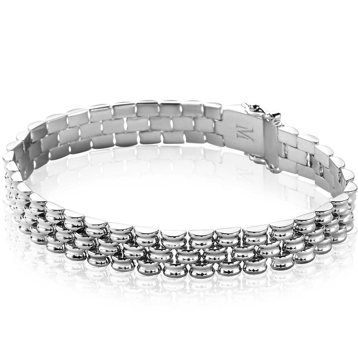 ZINZI zilveren schakel armband van 9mm breed met drie rondvormige schakelbanen. Deze armband valt soepel rond de pols en heeft een luxe sluiting. Exclusief ontworpen door mode-ontwerper Mart Visser en draagt herkenbaar zijn signatuur. Vervaardigd van eerste gehalte zilver (925) en met extra rodiumlaag voor een langdurige glans. 