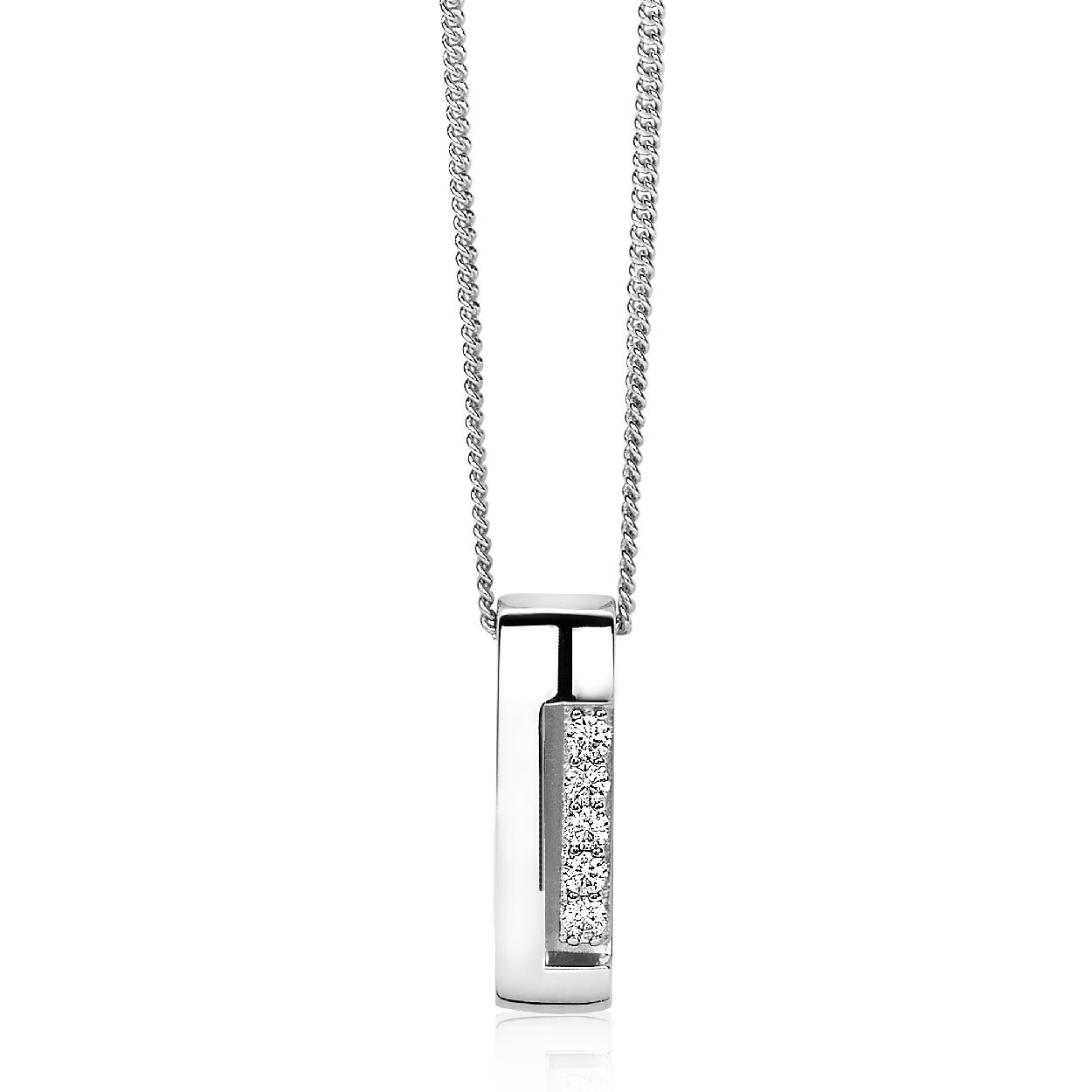 ZINZI zilveren ketting met een strakke rechte zilveren hanger, exclusief ontworpen door mode-ontwerper Mart Visser. De lengte van de ketting is 45cm. De hanger heeft een strak recht design, waarbij één rechte baan is bezet met vijf ronde witte zirconia's. Mart Visser heeft een kleine opening gelaten tussen het bezette deel en het gladde zilveren gedeelte voor een mooi effect. Deze schitterende zilveren ketting draagt herkenbaar de signatuur van Mart Visser. Vervaardigd van eerste gehalte zilver (925) en met extra rodiumlaag voor een langdurige glans.