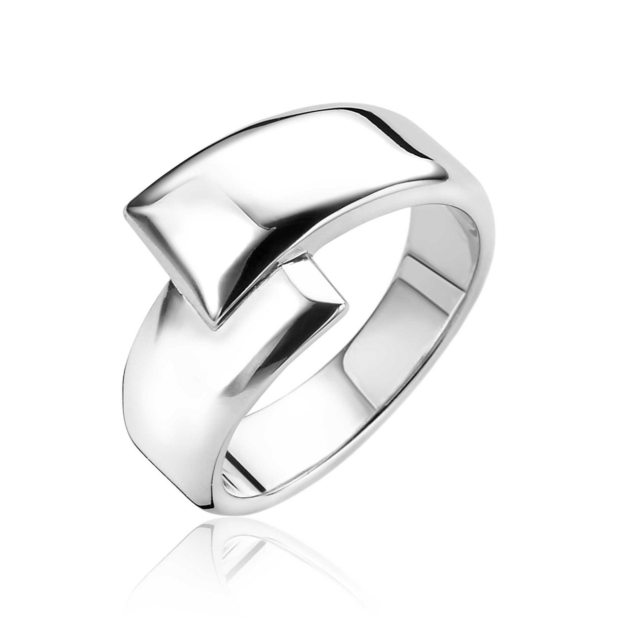 ZINZI zilveren strakke brede ring (11mm), exclusief ontworpen door mode-ontwerper Mart Visser. Bij deze ring lopen de strakke gladde vormen fraai over elkaar heen. Eenvoud in al haar schoonheid. Deze zilveren ring draagt herkenbaar de signatuur van Mart Visser. Vervaardigd van eerste gehalte zilver (925) en met extra rodiumlaag voor een langdurige glans.