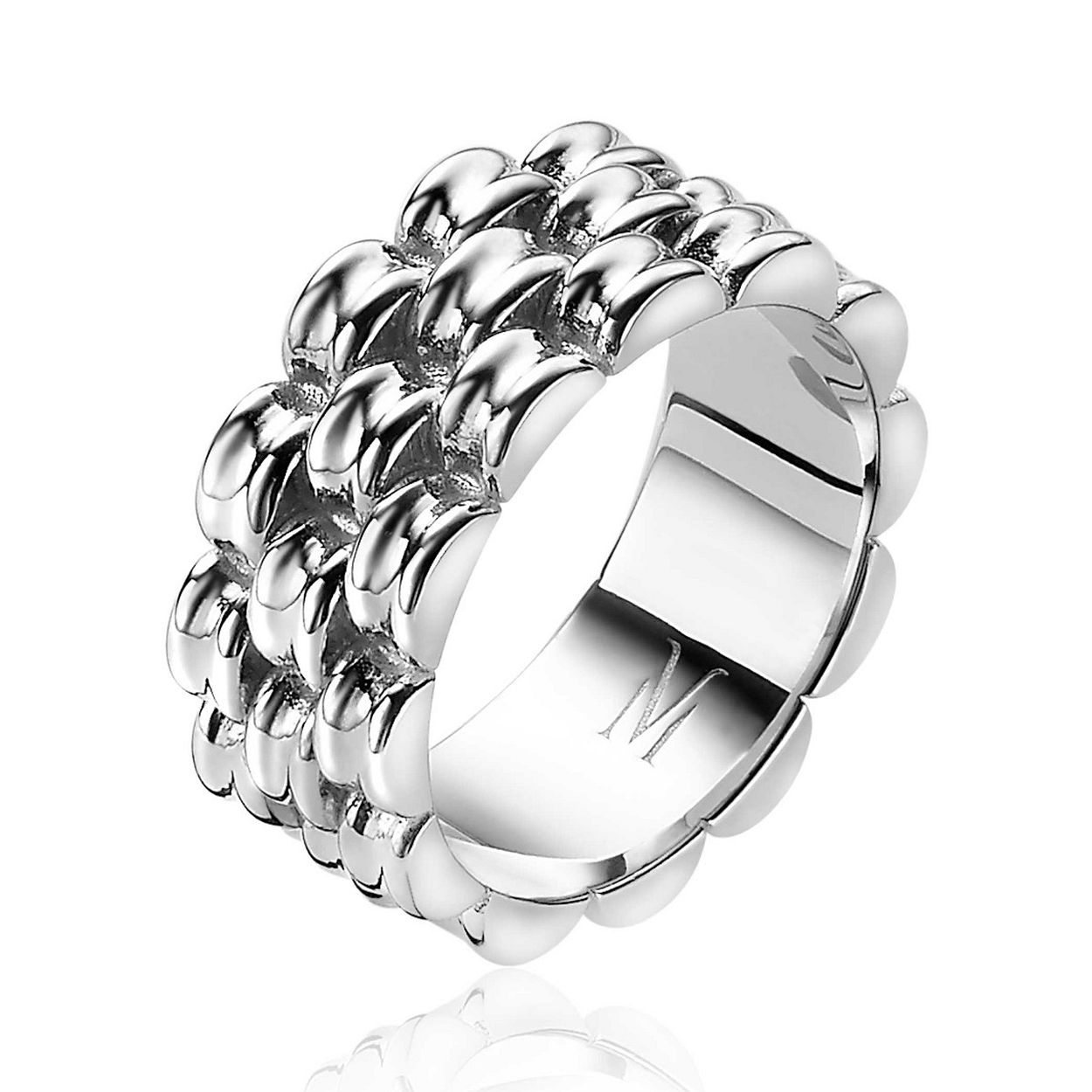 ZINZI zilveren stoere schakel ring van 8mm breed met drie rondvormige schakelbanen. Exclusief ontworpen door mode-ontwerper Mart Visser. Deze zilveren ring draagt herkenbaar de signatuur van Mart Visser. Vervaardigd van eerste gehalte zilver (925) en met extra rodiumlaag voor een langdurige glans. 