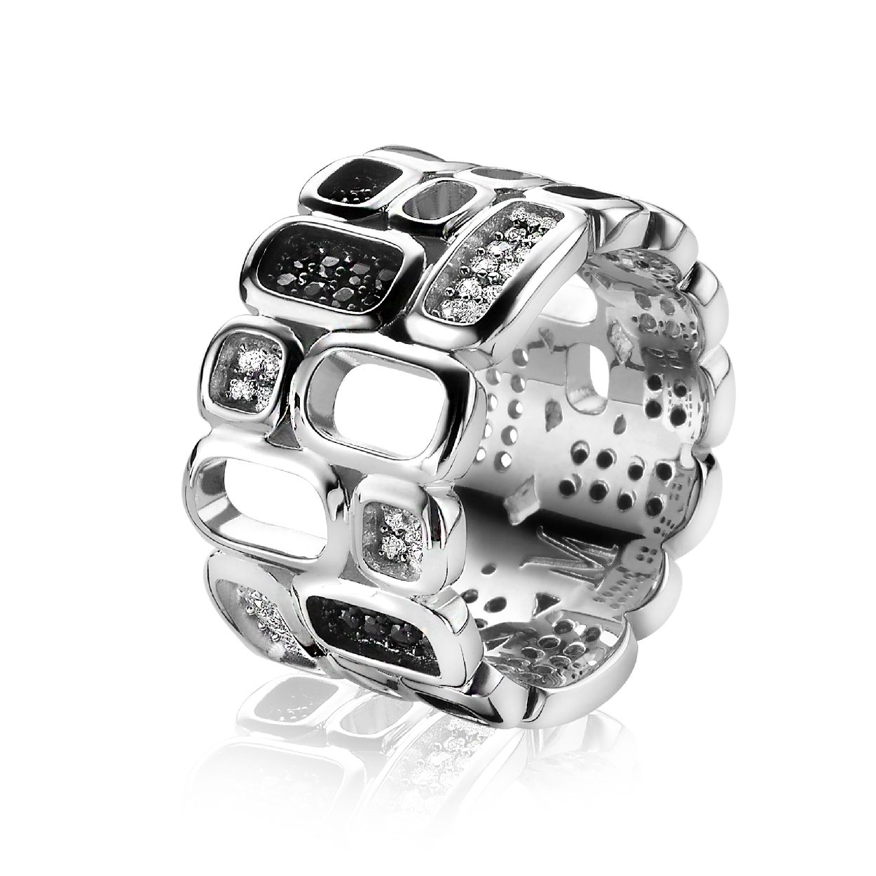 ZINZI zilveren fantasie ring exclusief ontworpen door Mart Visser. De extra brede ring van 12mm heeft een stijlvol opengewerkt patroon. En is speels bezet met witte en zwarte zirconia's. Deze ring draagt herkenbaar de signatuur van Mart Visser. Vervaardigd van eerste gehalte zilver (925) en met extra rodiumlaag voor een langdurige glans.