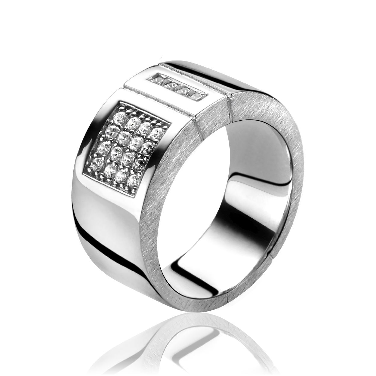 ZINZI zilveren ring exclusief ontworpen door Mart Visser. Deze unieke ring is 10mm breed en het strakke model is bezet met een mooi vierkant witte zirconia's & een dwarse rijzetting. Leuk detail: deze trendy ring is aan de gehele zijkant mat gesatineerd. De ring draagt herkenbaar de signatuur van Mart Visser. Vervaardigd van eerste gehalte zilver (925) en met extra rodiumlaag voor een langdurige glans.