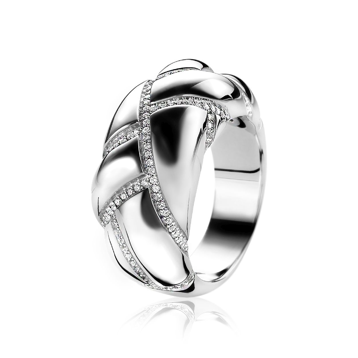 ZINZI zilveren ring exclusief ontworpen door Mart Visser. Prachtige gladde bolvormige ring met strakke lijnen. De lijnen zijn sierlijk bezet met witte zirconia's. Deze ring draagt herkenbaar de signatuur van Mart Visser. Vervaardigd van eerste gehalte zilver (925) en met extra rodiumlaag voor een langdurige glans.