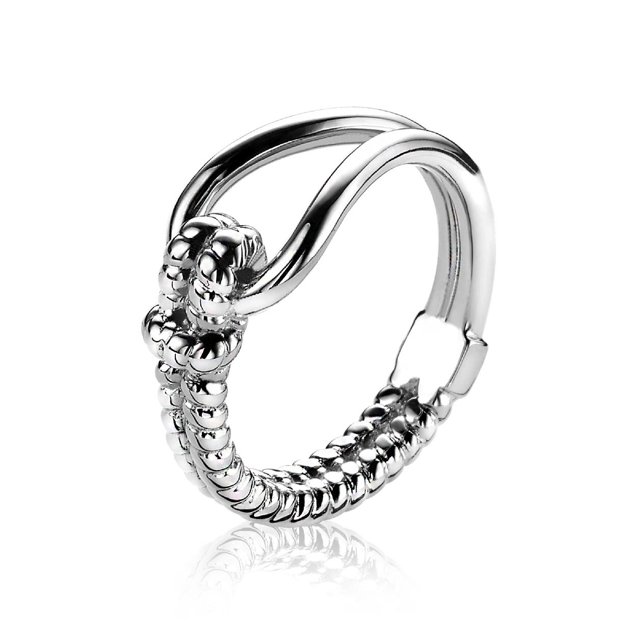 ZINZI zilveren ring exclusief ontworpen door Mart Visser. Stijlvolle ring met een vloeiende gladde lijn, geknoopt met zilveren koordschakel. Deze ring draagt herkenbaar de signatuur van Mart Visser. Vervaardigd van eerste gehalte zilver (925) en met extra rodiumlaag voor een langdurige glans.