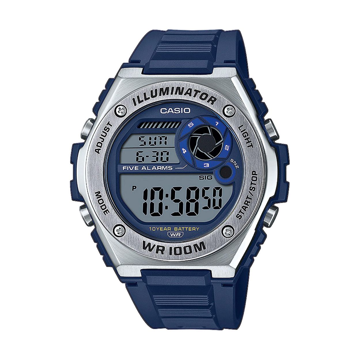 Dit herenhorloge is van het merk Casio. Het is een digitaal horloge gemaakt van edelstaal
De verdere specificaties van het horloge zijn als volgt:
Glassoort: mineraal
Kastmateriaal: edelstaal
Waterdichtheid: 10 ATM
Kastkleur: Zilver
Bandmateriaal: Kunststof
Bandkleur: Blauw
Kastmaat: 51
Wijzerplaatkleur: Blauw
Kastvorm: Rond
Sluiting: Gesp