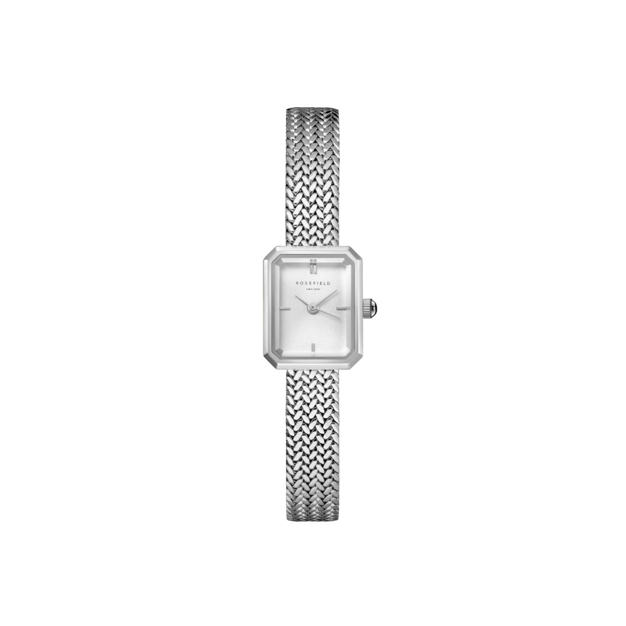 Mini Octagon White Dial Silver Woven Mesh Strap