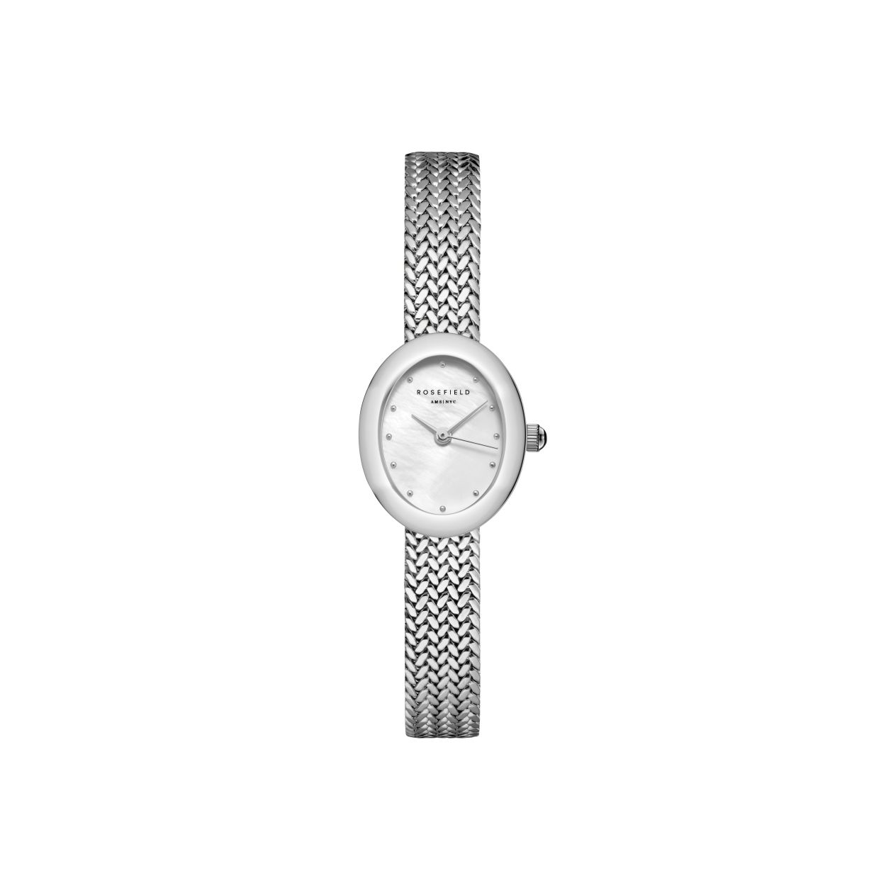 Mini Oval White Dial Silver Woven Mesh Strap