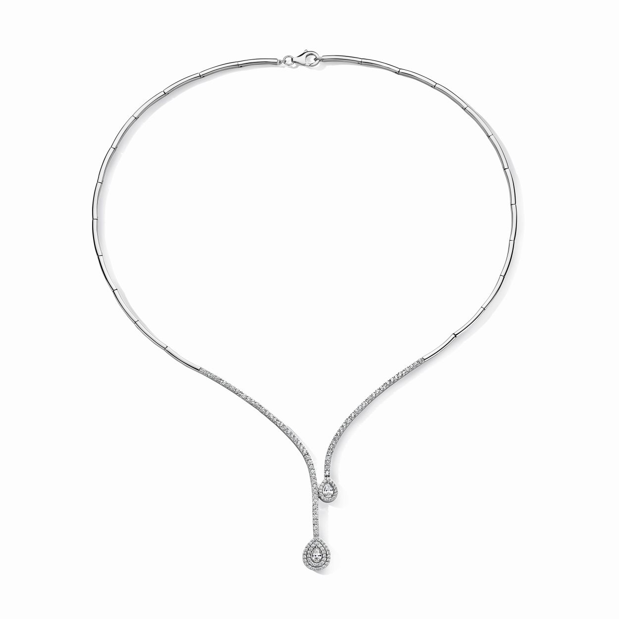 Zilveren rigide collier met druppelvormig motief + zironia 45cm Naiomy