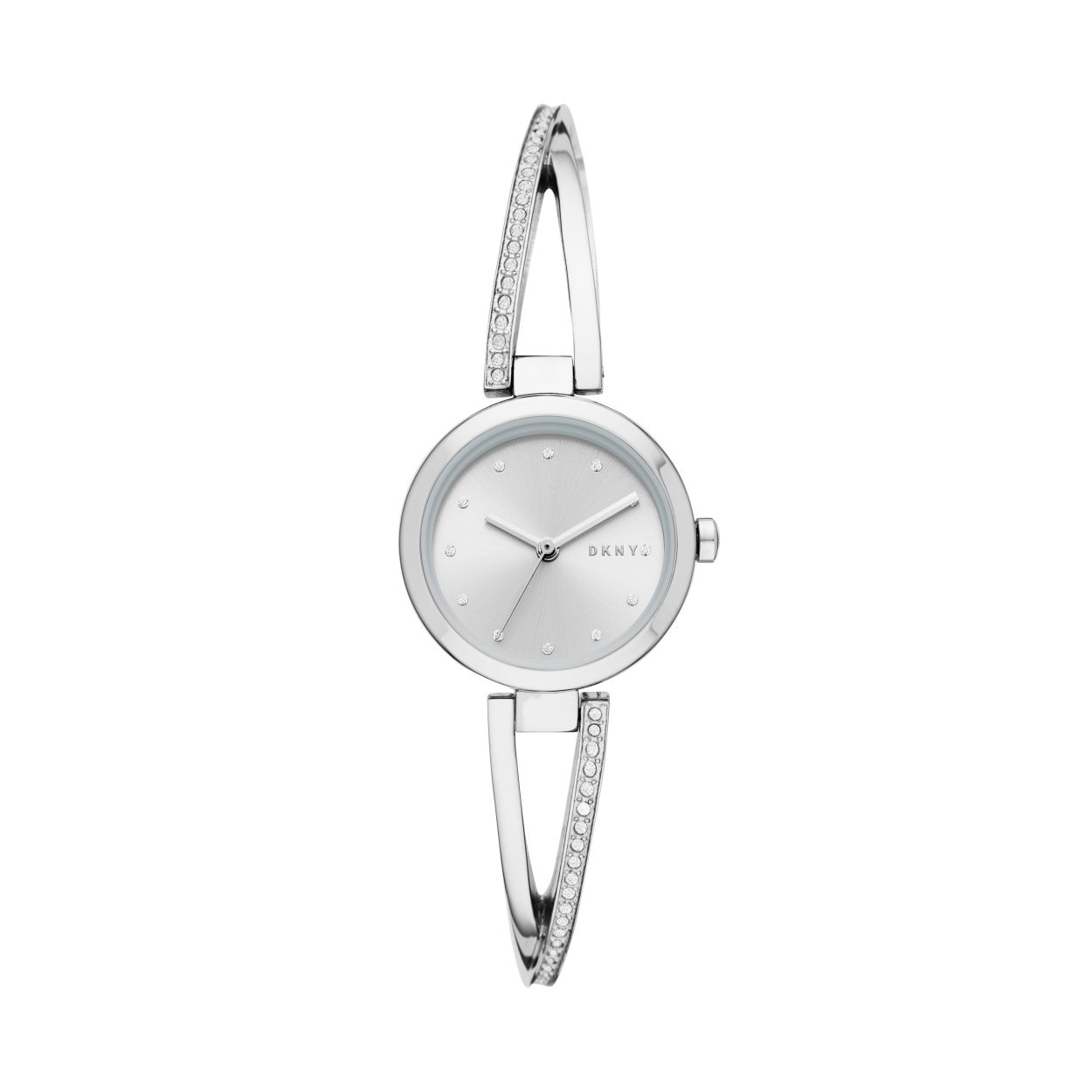 Een sieraad en horloge in één! Dit DKNY horloge uit de "Crosswalk" collectie heeft een stalen band en kast. De stalen band is niet de standaard schakel band maar een bangle waardoor het als een armband kan worden gedragen. De schitterende steentjes in de band en op de wijzerplaat maakt  het horloge extra glamoureus.