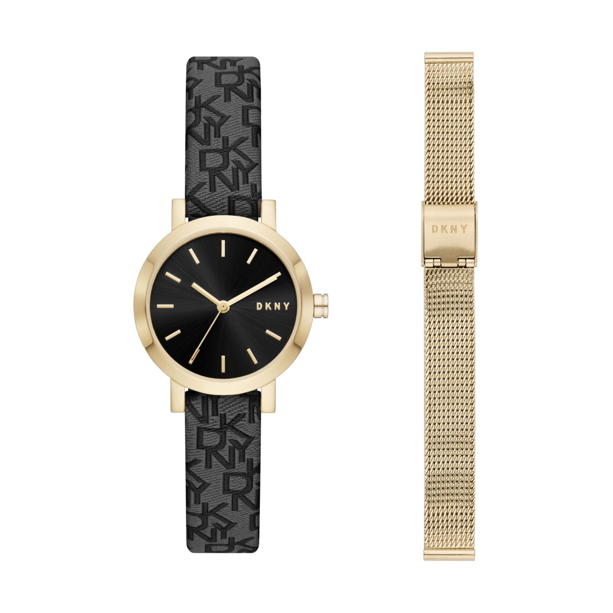 Dit DKNY Soho horloge van 28�mm heeft een zwarte sunray-wijzerplaat, een uurwerk met drie wijzers en een zwart Town & Country-logo stoffen bandje dat verwisselbaar is met een goudkleurig roestvrijstalen mesh bandje.
