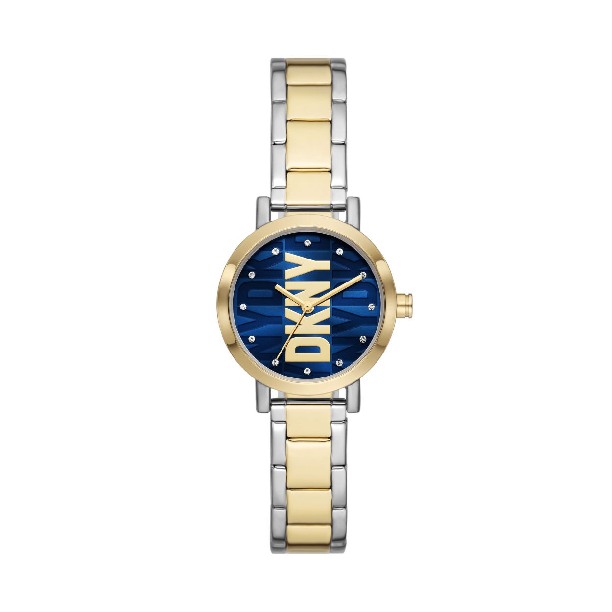 Dit DKNY horloge, uit de Soho collectie, heeft een bicolor stalen band en kast. De wijzerplaat is donkerblauw met het bekende DKNY logo bedrukt in goudkleur. 