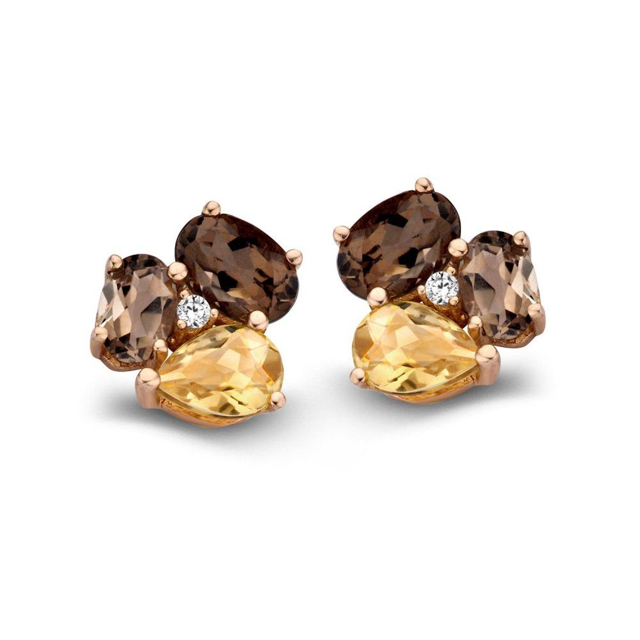 Oorsteker rosegoud citrien en smokey quartz