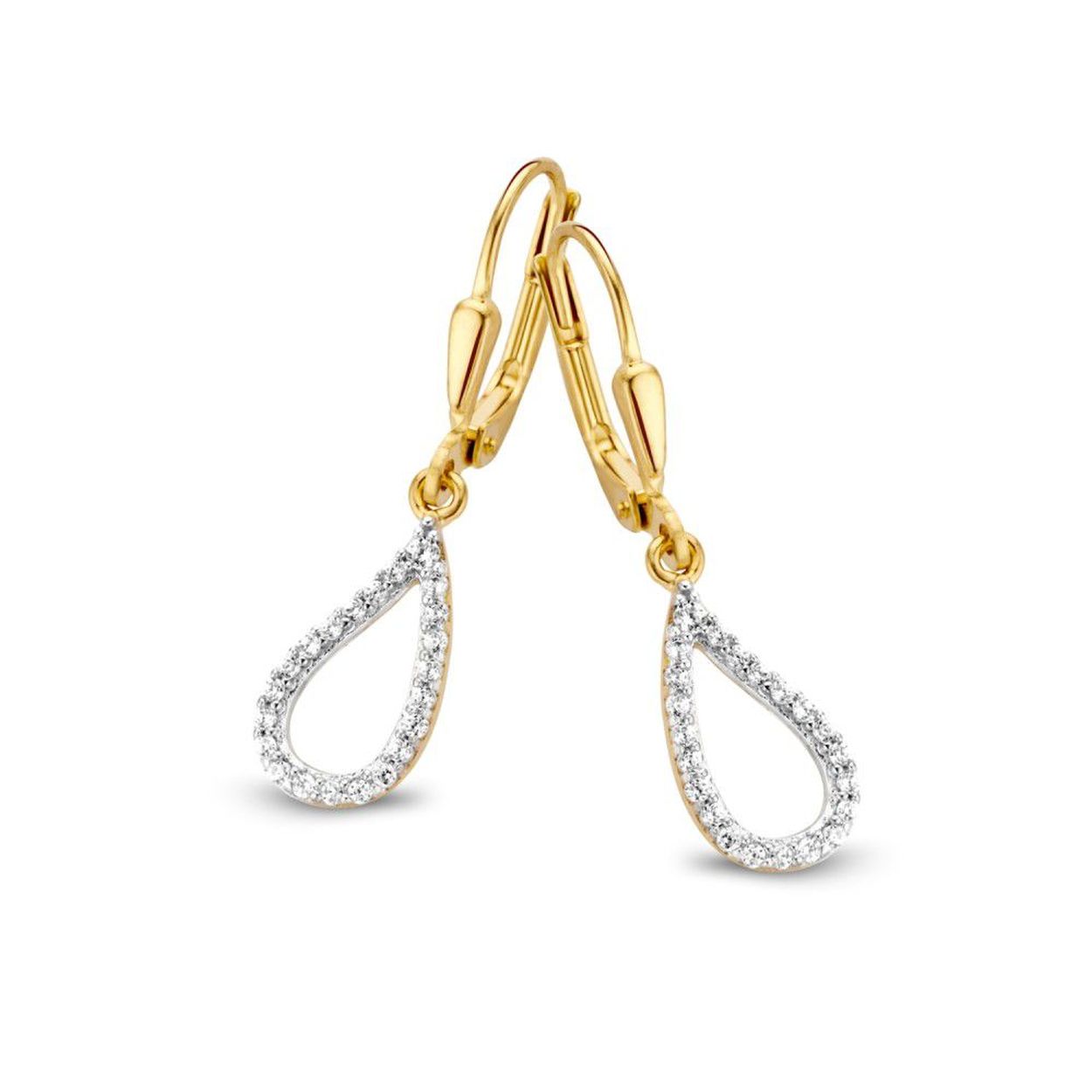 Geelgouden oorhaken met zirkonia aanhangers.
