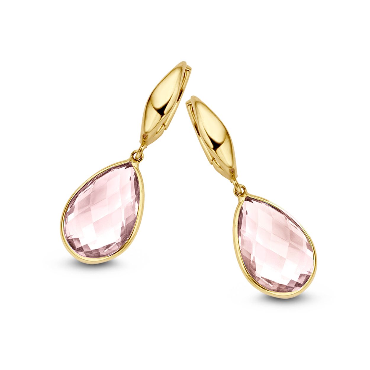 Geelgouden oorringen met druppelvormige aanhangers met rose quartz, facet geslepen.
