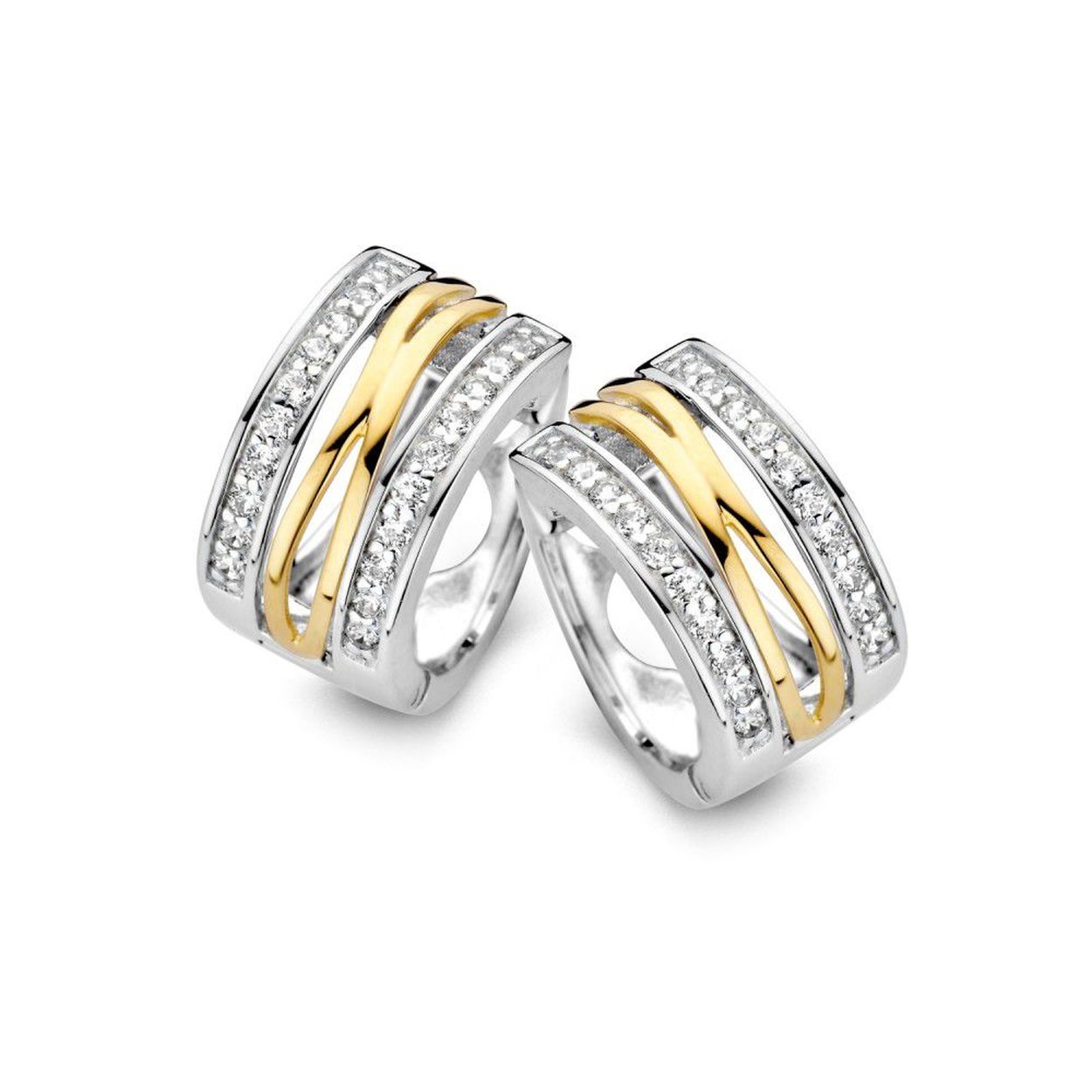 Zilver met 14 karaat gouden creolen en zirkonia Deze oorbellen zijn onderdeel van een set.