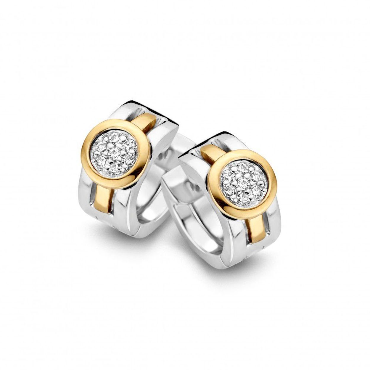 Zilver met 14 karaat gouden creolen en zirkonia Deze oorbellen zijn�onderdeel van een set.
