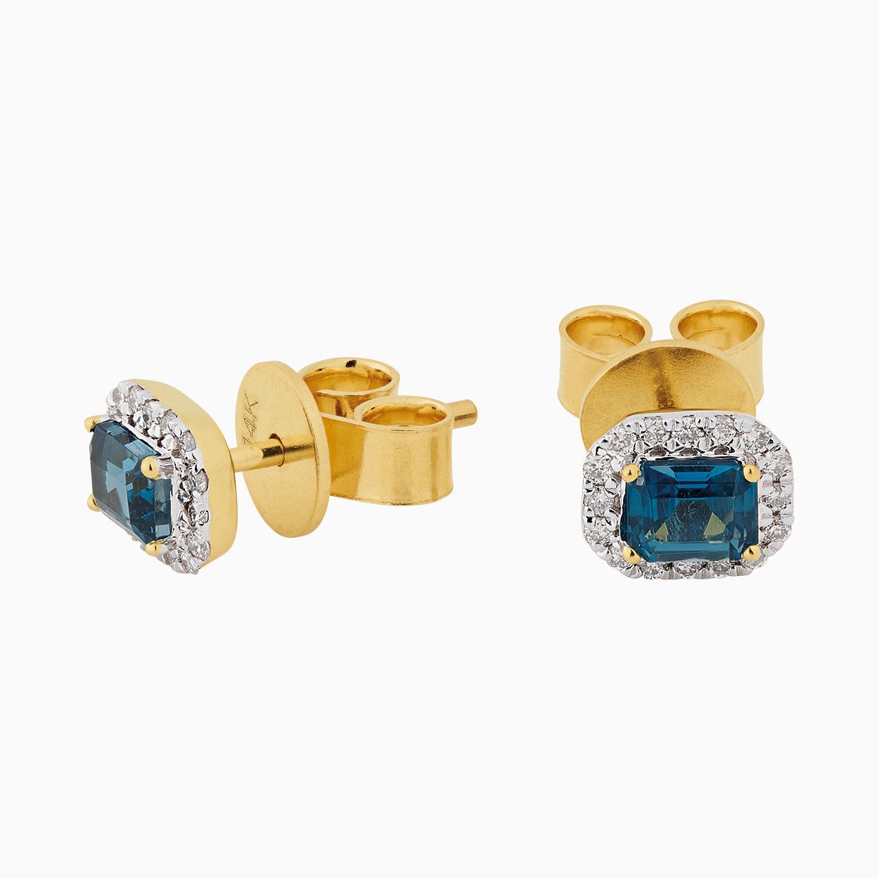 OK2023/4 Oorknoppen met diamant en London blauw topaas totaal 0,13 crt.