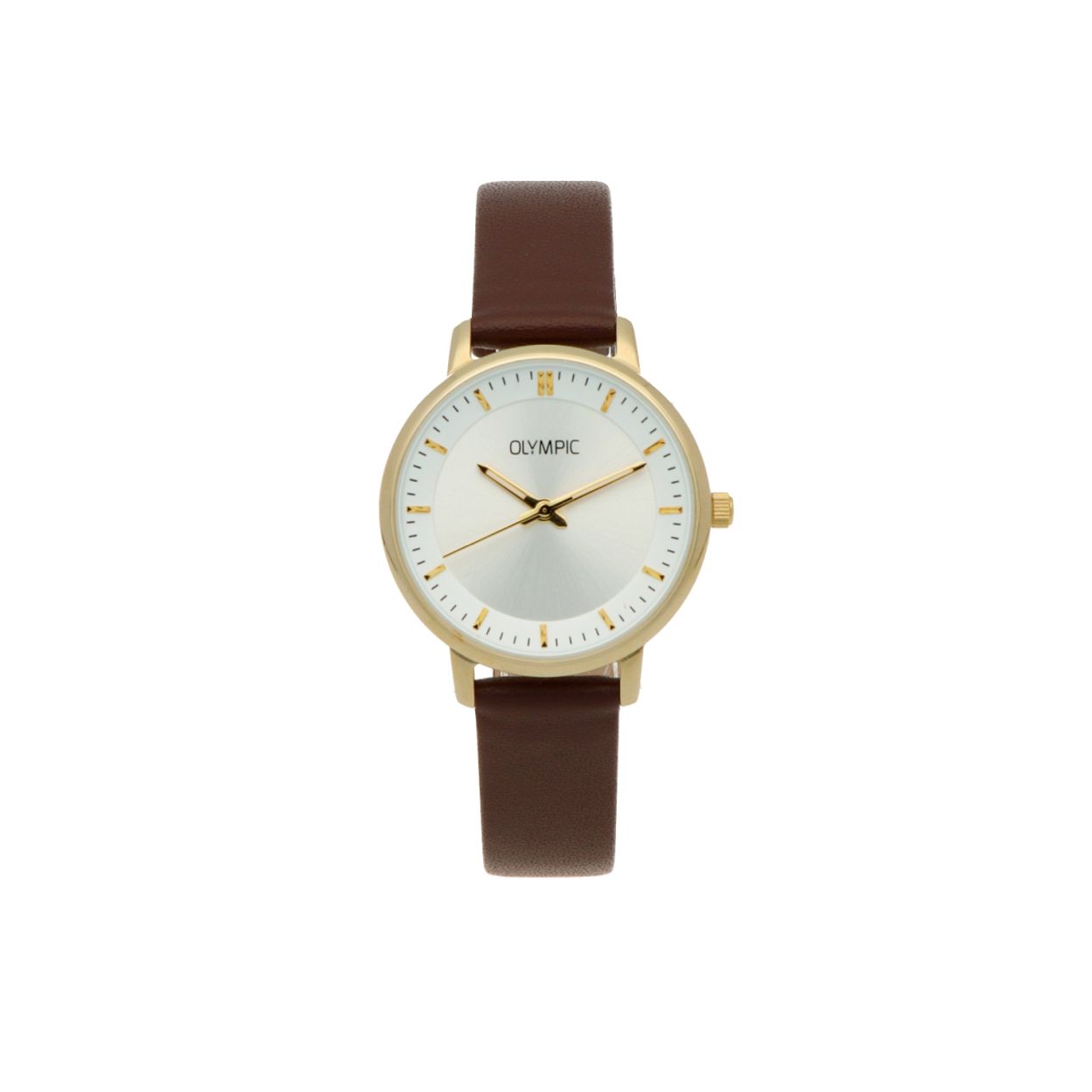 
Dit Goudkleurige dames horloge is tijdloos en Elegant . Het horloge heeft een quartz uurwerk, een Matzilver Sunray wijzerplaat en is afgewerkt met mineraalglas. Dit model past bij elke outfit en iedere gelegenheid, of je nu sportief of chique gekleed gaat!

Specificaties
- Mineraalglas
- Ronde stalen horlogekast 
- Diameter 32 mm
- Zilverkleurig wijzerplaat
- Leren horlogeband
- 5 ATM

Waterdichtheid 5 ATM
Dit horloge is bestand tegen water bij het zwemmen en douchen. Dit horloge is niet bestand tegen (grote) waterdruk dus je kunt er niet mee duiken.

Verpakking & Garantie
De horloges worden geleverd in een verpakking met kussentje en bijgevoegd een garantieboekje. Op alle horloges van Olympic zit standaard drie jaar fabrieksgarantie.

Over Olympic
In 1956 werd aan de Jekerstraat in Amsterdam het horlogemerk Olympic opgericht. Een familiebedrijf dat in de loop der jaren uitgegroeid is tot ��n van de bekendste Nederlandse merken in de horloge- en sieradenbranche.

Van stoere chronografen tot slimline series, digitale uurwerken en elegante dameshorloges: Olympic is voor iedereen, ge�nspireerd op het dagelijks leven. De prijs-kwaliteitsverhouding staat bij Olympic hoog in het vaandel met prijzen die uiteenlopen van � 34,95 tot en met � 139,00 wordt standaard 3 jaar garantie geboden.

 horloges.