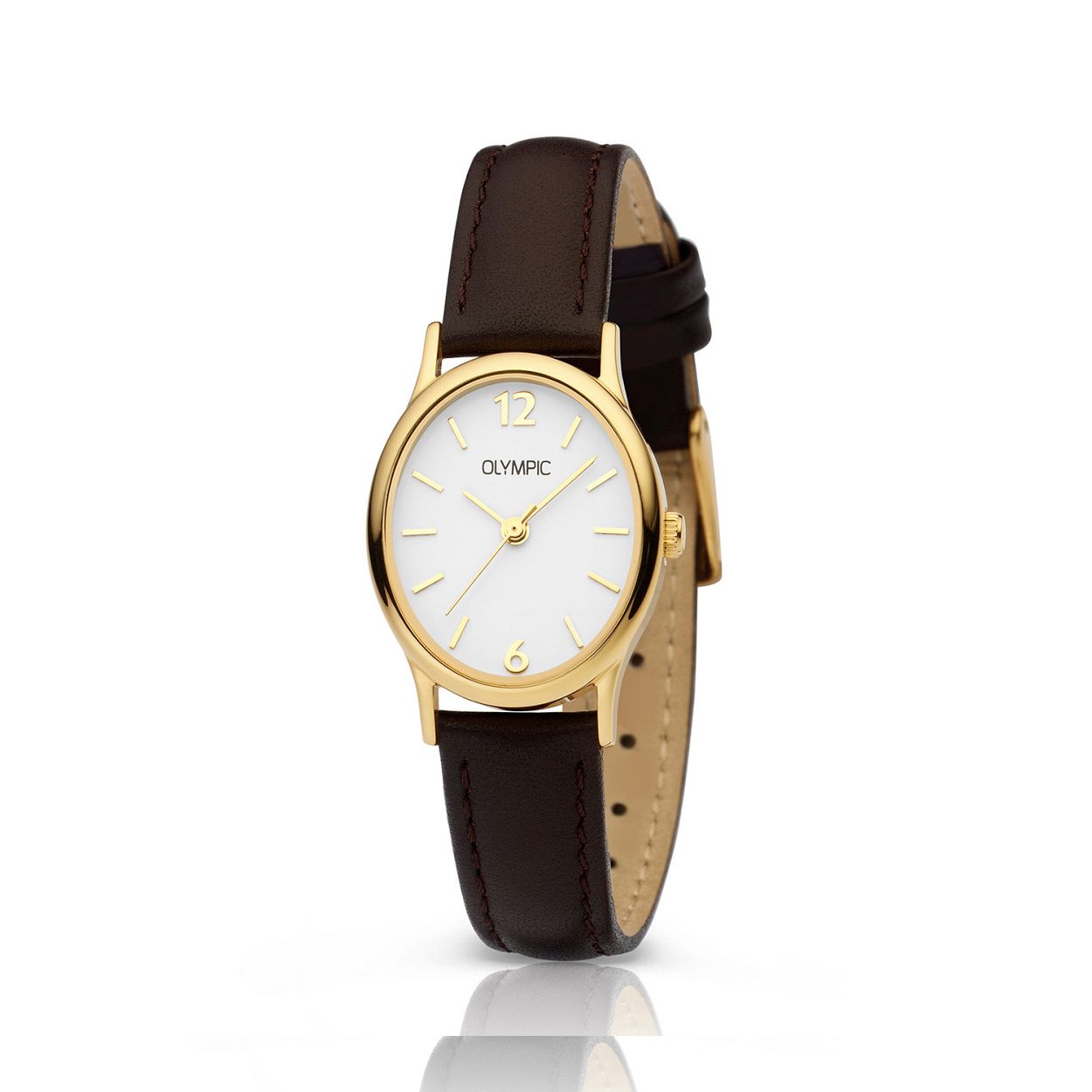 Olympic OL26DDL009 SOPHIE - Horloge - Staal - Leer - Bruin
Dit unieke Olympic horloge met artikelnummer OL26DDL009 is een klassiek dameshorloge. Het horloge heeft een stalen goudkleurig ovale kastje met een witte wijzerplaat met goudkleurige uurs-aanduiding en wijzers. Aan het horloge zit een bruine leren band met goudkleurige gesp. Het horloge heeft een mineraalglas een afmeting van 22 bij 26mm en is 5 ATM.

Waterdichtheid 5 ATM
Dit horloge is bestand tegen water bij het zwemmen en douchen. Dit horloge is niet bestand tegen (grote) waterdruk dus je kunt er niet mee duiken.

Het merk
Een mooi horloge hoeft niet duur te zijn! Het Nederlandse horlogemerk Olympic levert stoere chronografen slimline series digitale uurwerken en elegante dameshorloges. De prijs-kwaliteitverhouding staat bij Olympic hoog in het vaandel met prijzen die uiteenlopen van � 3495 tot en met � 13900.

100% Nederlands ontwerp waterdicht en standaard 3 jaar fabrieksgarantie.

Specificaties
- Ovale kast
- Goudkleurige horlogekast
- Witte wijzerplaat
- Bruin leren band
- 5 ATM (Regen- & spatwaterdicht)
- Standaard 3 jaar fabrieksgarantie
- Mineraalglas                                    