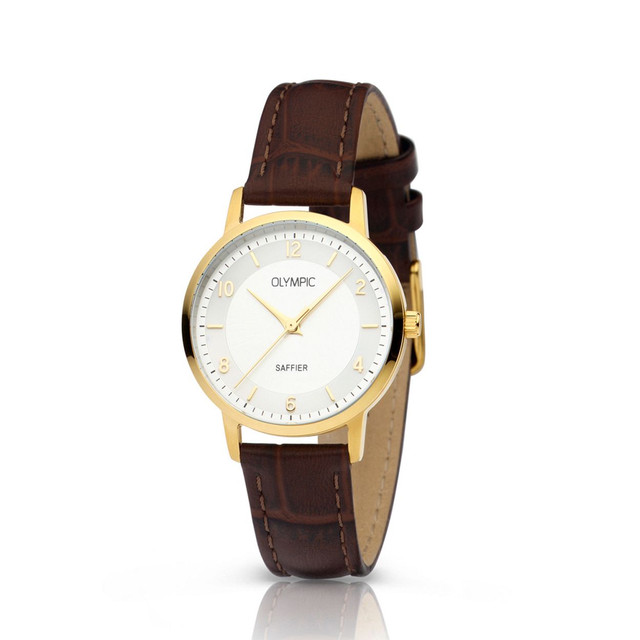 Olympic OL26DDL010 ALBA Horloge - Leer - Goudkleurig - 29mm
Dit unieke Olympic horloge met artikelnummer OL26DDL010 is een stijlvol dameshorloge en heeft een hele klassieke uitstraling. De goudkleurige stalen kast heeft een champagnekleurige wijzerplaat met wisselend arabische cijfers en streepjes als uurs-aanduiding. Aan het fijne horloge is een bruine leren crocoprint band geplaatst met een goudkleurige gesp. Het horloge heeft een saffierglas een doorsnee van 29mm en is 5 ATM.

Waterdichtheid 5 ATM
Dit horloge is bestand tegen water bij het zwemmen en douchen. Dit horloge is niet bestand tegen (grote) waterdruk dus je kunt er niet mee duiken.

Het merk
Een mooi horloge hoeft niet duur te zijn! Het Nederlandse horlogemerk Olympic levert stoere chronografen slimline series digitale uurwerken en elegante dameshorloges. De prijs-kwaliteitverhouding staat bij Olympic hoog in het vaandel met prijzen die uiteenlopen van � 3495 tot en met � 13900.

100% Nederlands ontwerp waterdicht en standaard 3 jaar fabrieksgarantie.

Specificaties
- Ronde kast � 29mm
- Goudkleurige stalen horlogekast
- Champagnekleurige wijzerplaat
- Bruin leren horlogeband
- 5 ATM (Regen- & spatwaterdicht)
- Standaard 3 jaar fabrieksgarantie
- Saffierglas