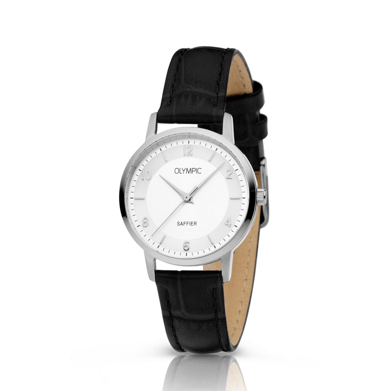 Olympic OL26DSL048 ALBA Horloge - Leer - Zilver - 29mm   Dit unieke Olympic horloge met artikelnummer OL26DSL048 is een stijlvol dameshorloge en heeft een klassieke uitstraling. De stalen kast heeft een zilverkleurige wijzerplaat met wisselend Arabische cijfers en streepjes als uurs- aanduiding. Aan het horloge zit een zwart leren crocoprint band met een zilverkleurige gesp. Het horloge heeft een saffierglas een doorsnee van 29mm en is 5 ATM.

