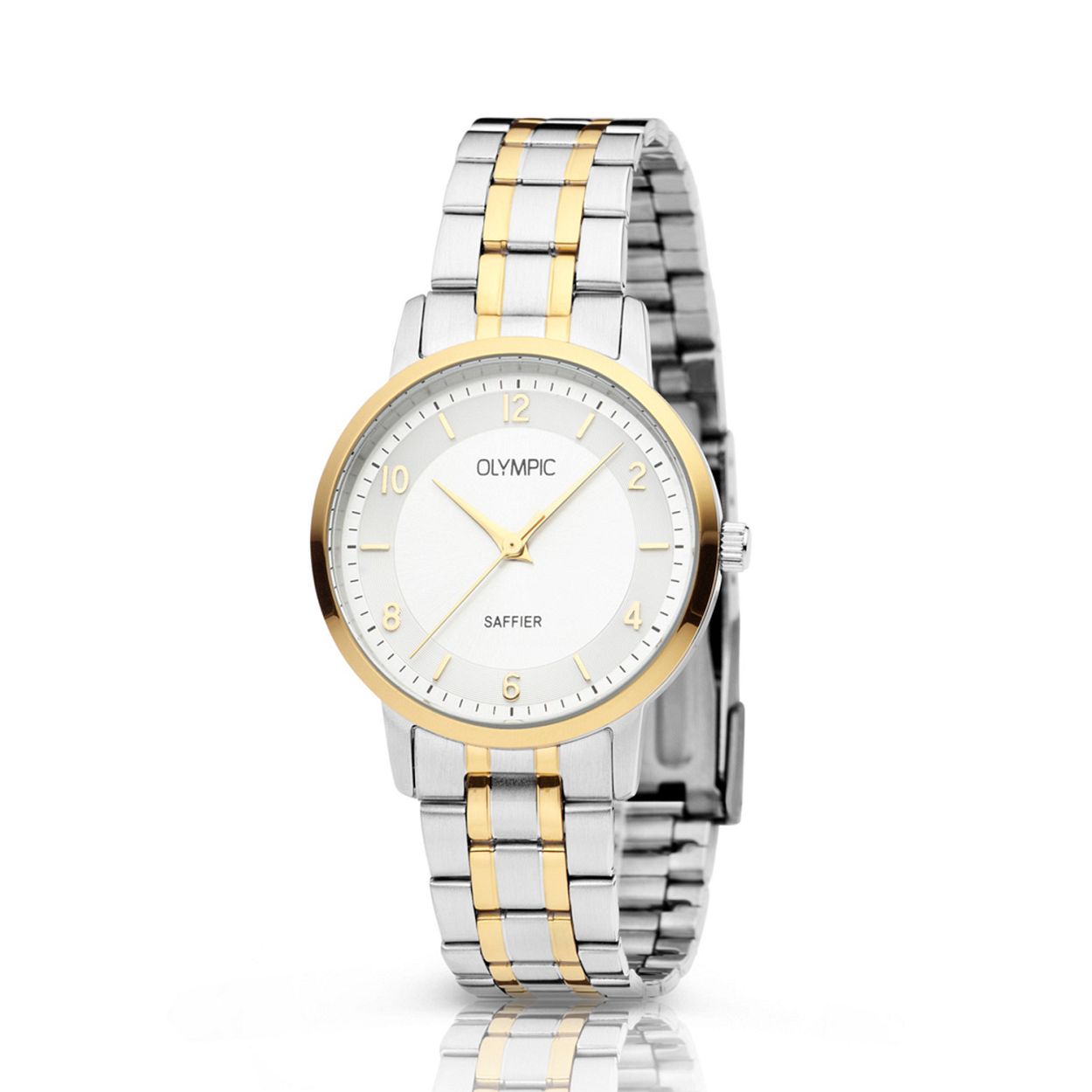 Olympic OL26DSS139B EMMA Horloge - Staal - Bi-color - 29mm 
Dit unieke Olympic horloge met artikelnummer: OL26DSS139B is een stijlvol dameshorloge en heeft een klassiek sportieve uitstraling. De stalen kast heeft een goudkleurige bezel en een zilverkleurige wijzerplaat met wisselend goudkleurige arabische cijfers en streepjes als uurs- aanduiding. Aan het horloge zit een stalen bi-color schakelband met vouwsluiting. Het horloge heeft een saffierglas, een doorsnee van 29mm en is 5 ATM.

Waterdichtheid 5 ATM
Dit horloge is bestand tegen water bij het zwemmen en douchen. Dit horloge is niet bestand tegen (grote) waterdruk dus je kunt er niet mee duiken.

Het merk:
Een mooi horloge hoeft niet duur te zijn! Het Nederlandse horlogemerk Olympic levert stoere chronografen, slimline series, digitale uurwerken en elegante dameshorloges. De prijs-kwaliteitverhouding staat bij Olympic hoog in het vaandel met prijzen die uiteenlopen van € 34,95 tot en met € 149,00.

100% Nederlands ontwerp, waterdicht en standaard 3 jaar fabrieksgarantie.

Specificaties:
- Ronde kast Ø 29mm
- Zilverkleurige stalen horlogekast
- Zilverkleurige wijzerplaat
- Bi-color schakelband
- 5 ATM (Regen- & spatwaterdicht)
- Standaard 3 jaar fabrieksgarantie
- Saffierglas