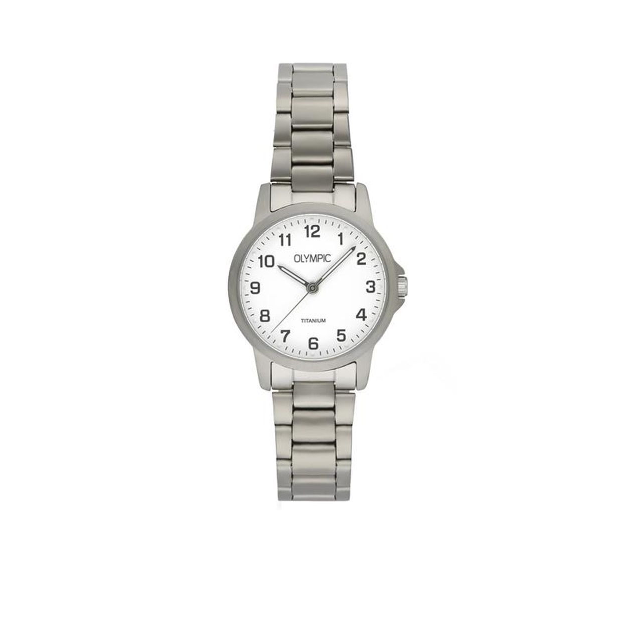 De OL26DTT091 is een dames titanium horloge met een prachtige volle witte arabische wijzerplaat. Zowel de band als kast zijn van titanium, waardoor dit horloge garant staat voor een hoog draagcomfort.

- Zilverkleurig Druksluiting
- Mineraalglas
- 5 ATM (Regen- & spatwaterdicht)
- 3 jaar Fabrieksgarantie
- Titanium horlogeband

Waterdichtheid 5 ATM
Dit horloge is bestand tegen water bij het zwemmen en douchen. Dit horloge is niet bestand tegen (grote) waterdruk dus je kunt er niet mee duiken.

Verpakking & Garantie
De horloges worden geleverd in een verpakking met kussentje en bijgevoegd een garantieboekje. Op alle horloges van Olympic zit standaard drie jaar fabrieksgarantie.

Over Olympic
In 1956 werd aan de Jekerstraat in Amsterdam het horlogemerk Olympic opgericht. Een familiebedrijf dat in de loop der jaren uitgegroeid is tot &eacute;&eacute;n van de bekendste Nederlandse merken in de horloge- en sieradenbranche.

Van stoere chronografen tot slimline series, digitale uurwerken en elegante dameshorloges: Olympic is voor iedereen, ge&iuml;nspireerd op het dagelijks leven. De prijs-kwaliteitsverhouding staat bij Olympic hoog in het vaandel met prijzen die uiteenlopen van &euro; 34,95 tot en met &euro; 139,00 wordt standaard 3 jaar garantie geboden.