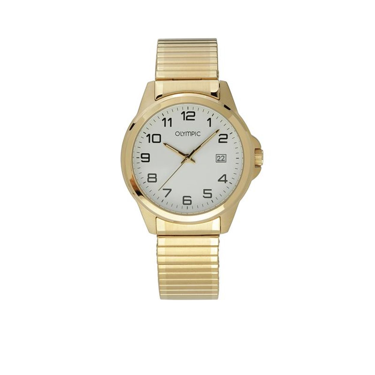 Dit Olympic horloge, uit de Phoenix collectie, heeft een vergulde stalen kast en rekband. De wijzerplaat is wit met zwarte cijfer en goudkleurige wijzers. 