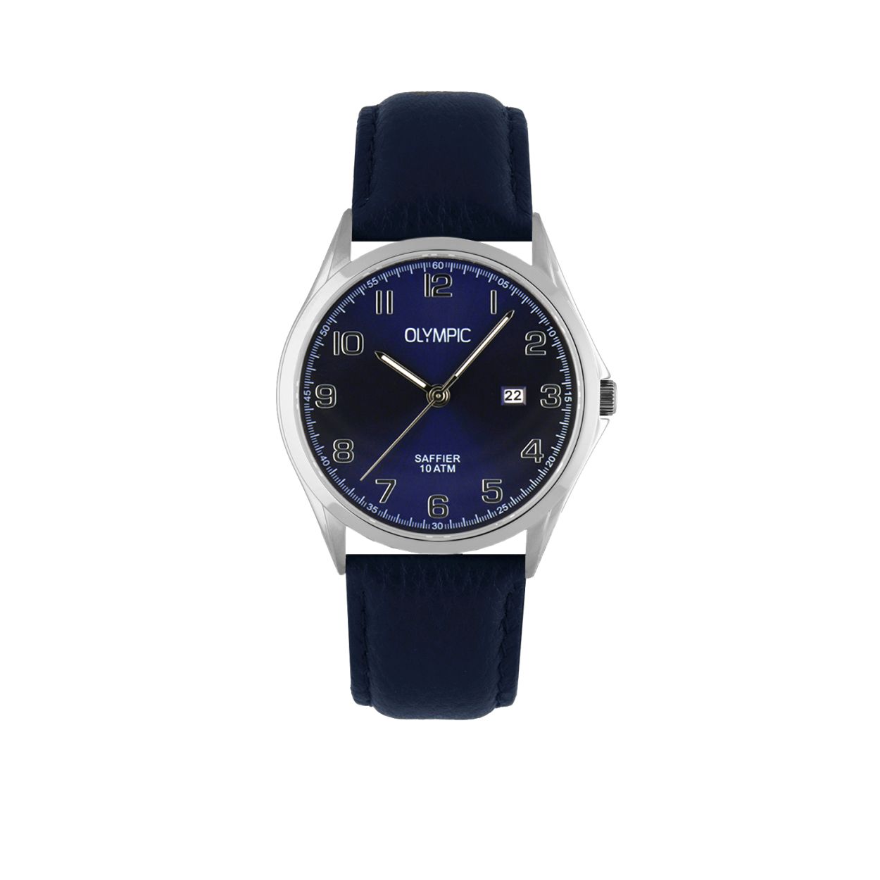 Dit zilverkleurige Heren horloge is sportief en tijdloos.

Specificaties
- Saffierglas
- Ronde stalen horlogekast
- Diameter 40 mm
- Blauwe wijzerplaat
- Leren horlogeband
- 10 ATM

Waterdichtheid 10 ATM
Dit horloge is bestand tegen water bij het zwemmen en douchen. Dit horloge is niet bestand tegen (grote) waterdruk dus je kunt er niet mee duiken.

Op alle horloges van Olympic zit standaard drie jaar fabrieksgarantie.