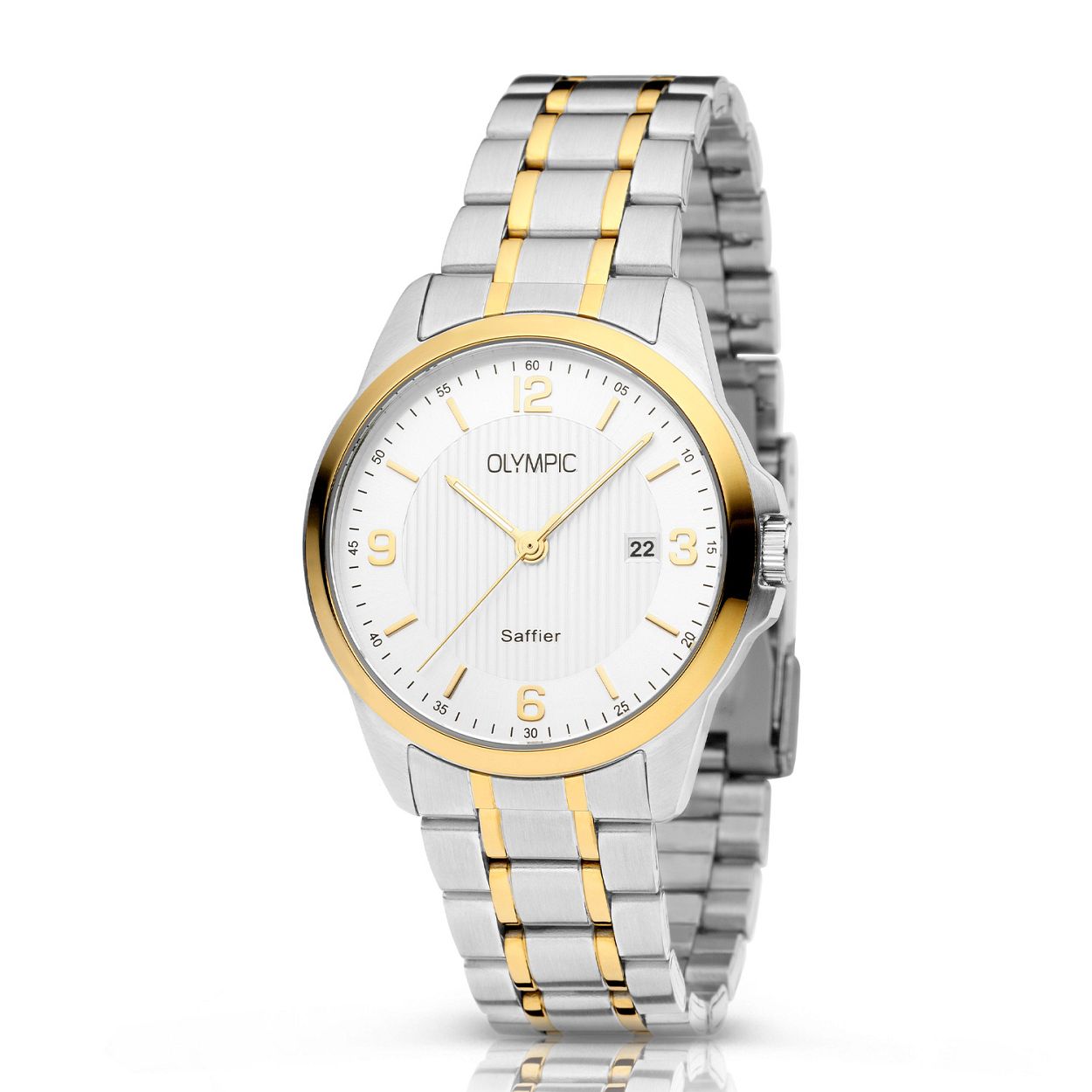 Dit unieke Olympic horloge met artikelnummer OL26HSS303B is een sportief klassiek herenhorloge. De stalen kast heeft goudkleurige bezel een zilverkleurige bewerkte wijzerplaat met datum en goudkleurige streepjes en cijfers als uurs- aanduiding. Aan het horloge zit een bi-color stalen schakelband met vouwsluiting. Het horloge heeft een saffierglas een doorsnee van 39mm en is 10 ATM.

