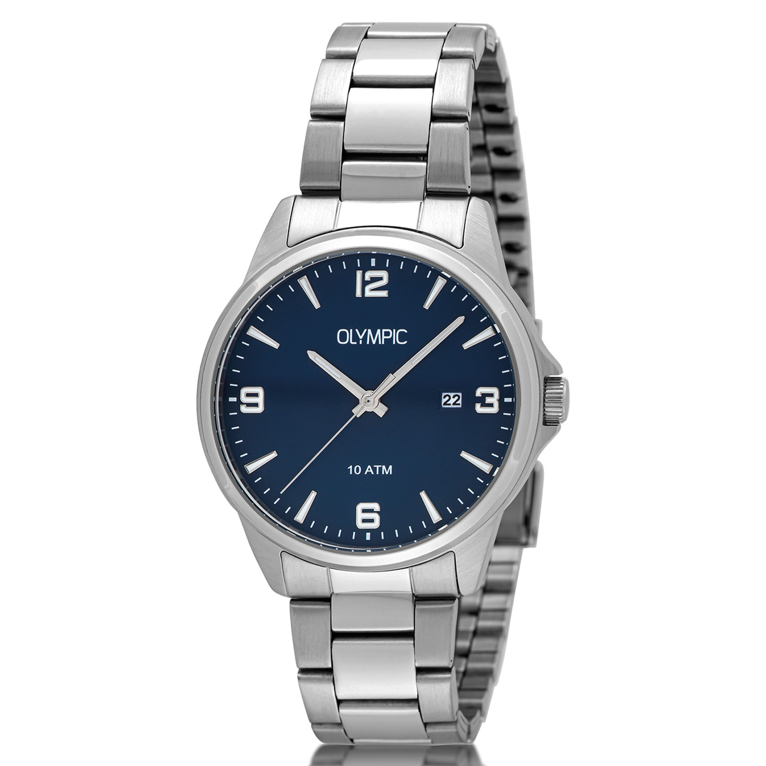 Olympic heren pols horloge staal met stalen band en bluwe wijzerplaat. 10 ATM waterdicht.